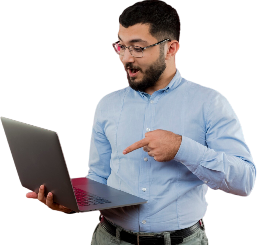 Young bearded man glasses blue shirt holding laptop pointing with finger it being surprised 1 ppc case study shrieve