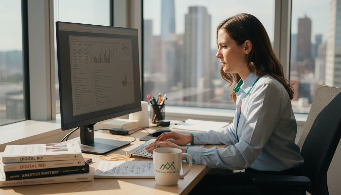 Businesswoman reviewing paid search data in office