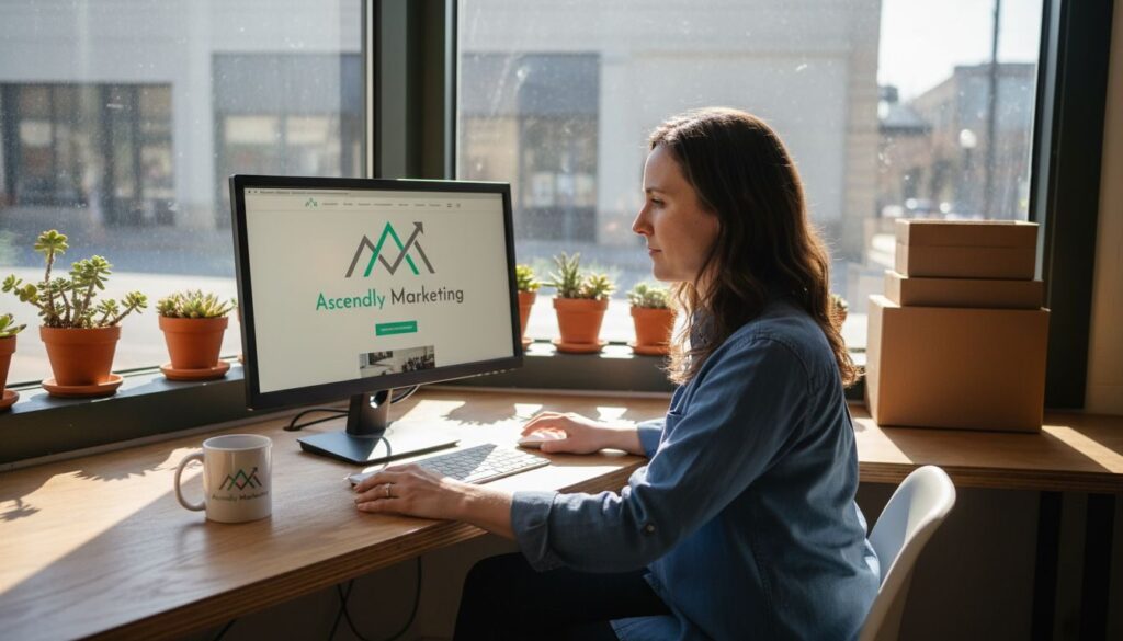 Small business owner reviewing her website design