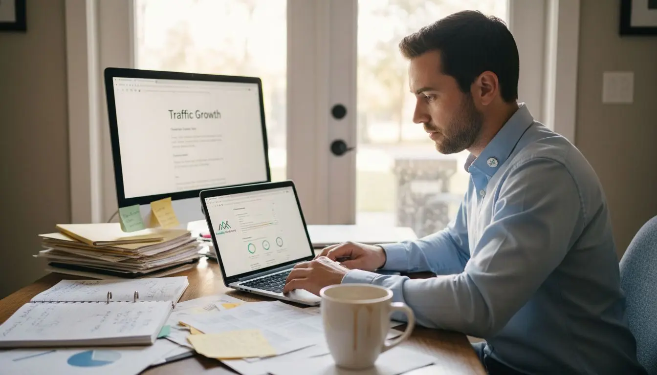 Business owner checking SEO on laptop in office