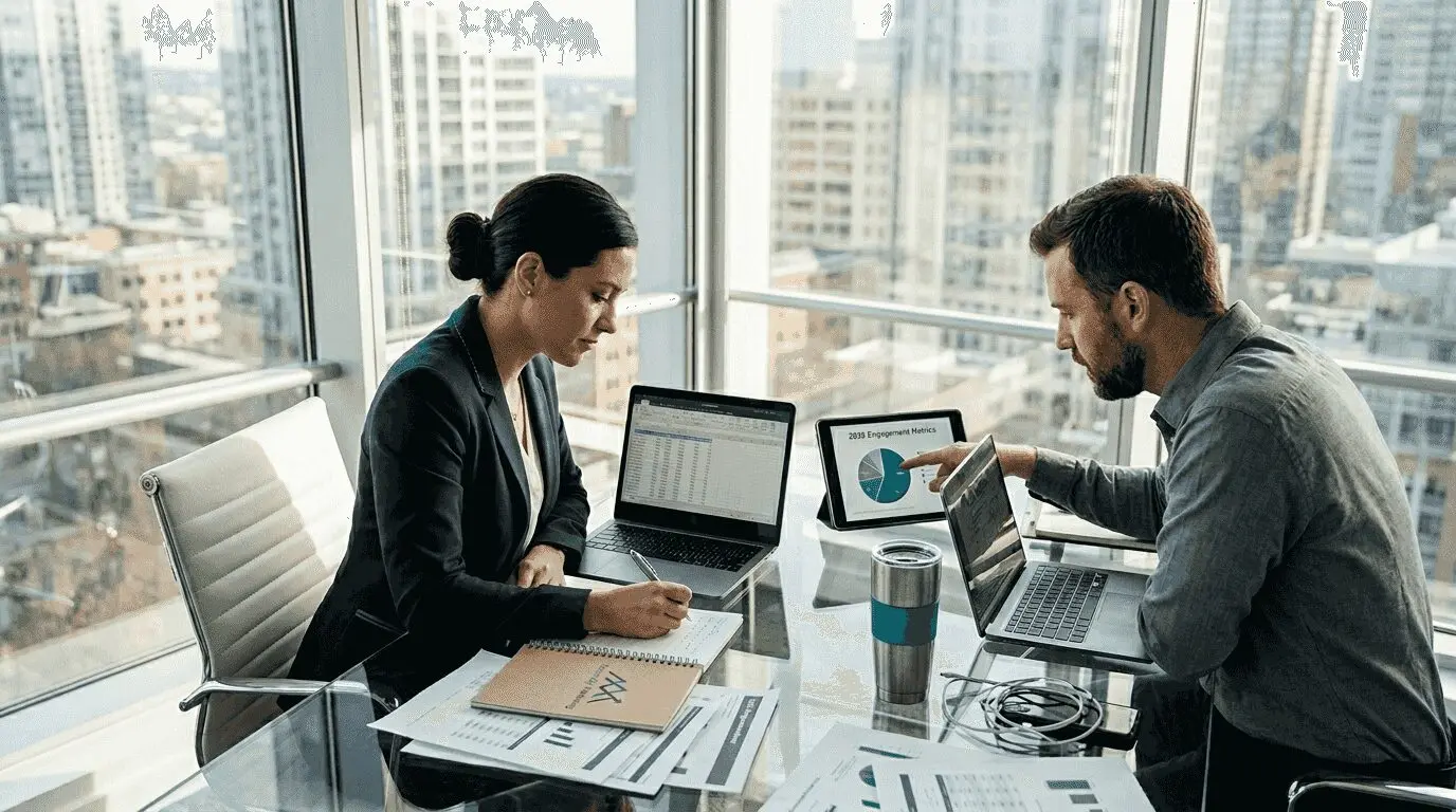 Marketing team analyzes social media in city office