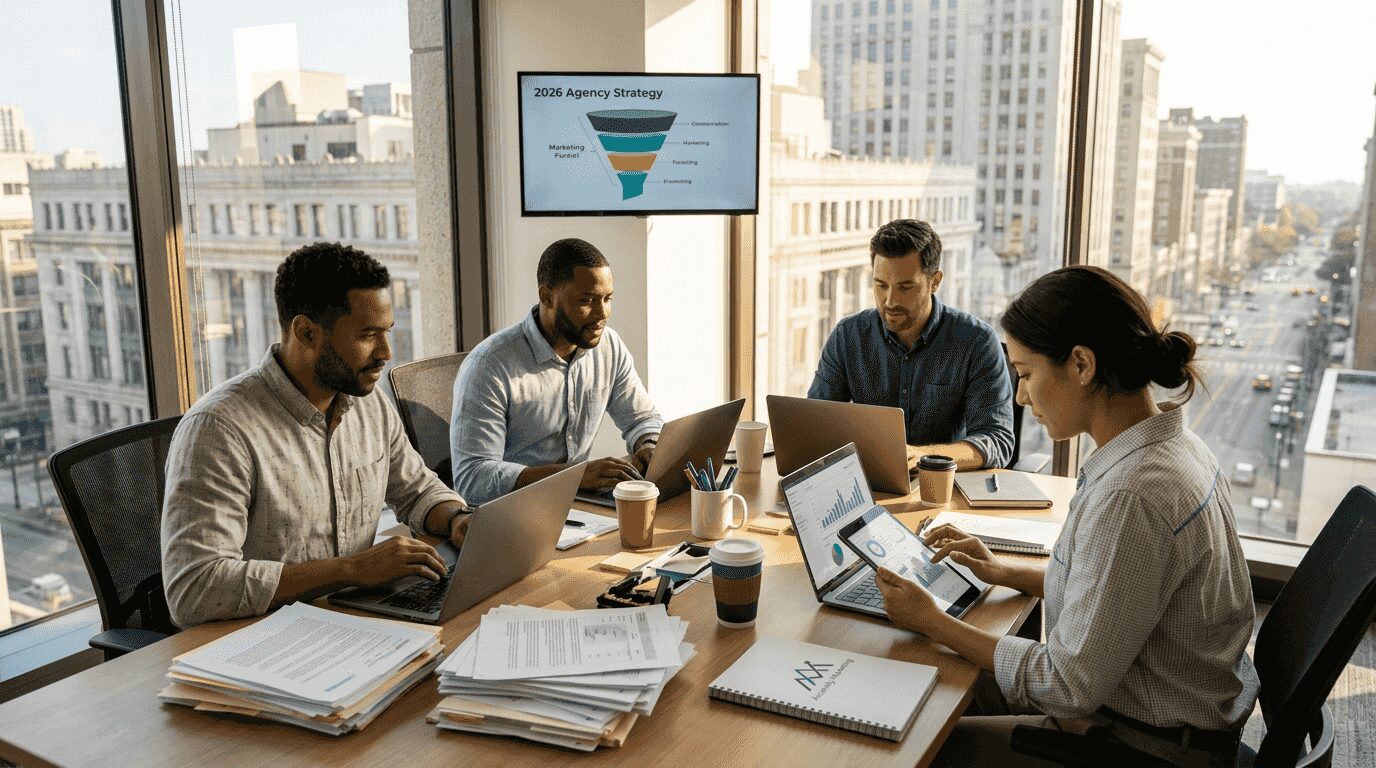 Team collaborating in corner agency office
