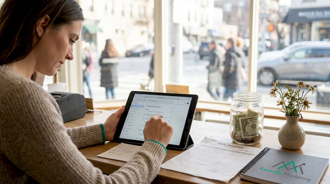 Bakery owner updating online business profile