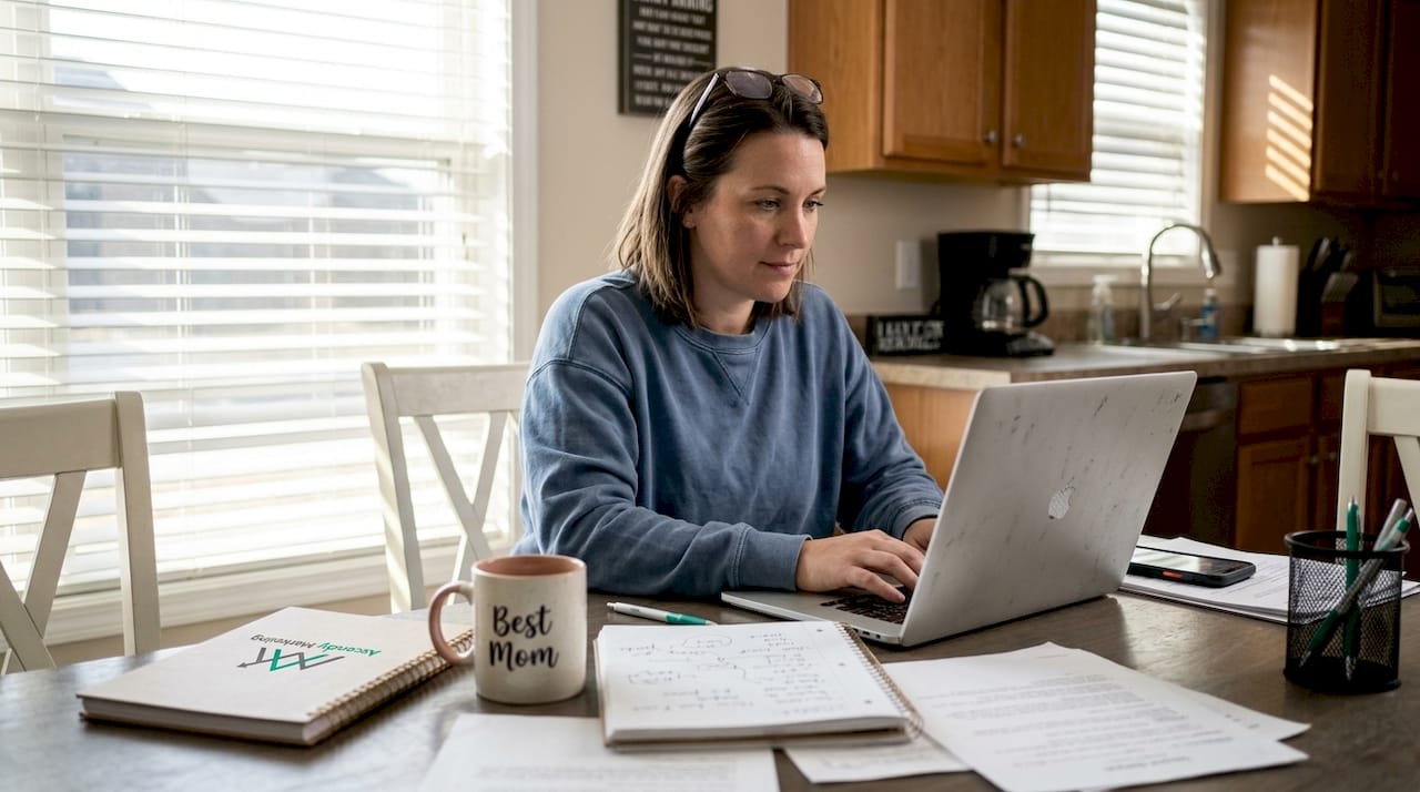 Small business owner at laptop in home workspace