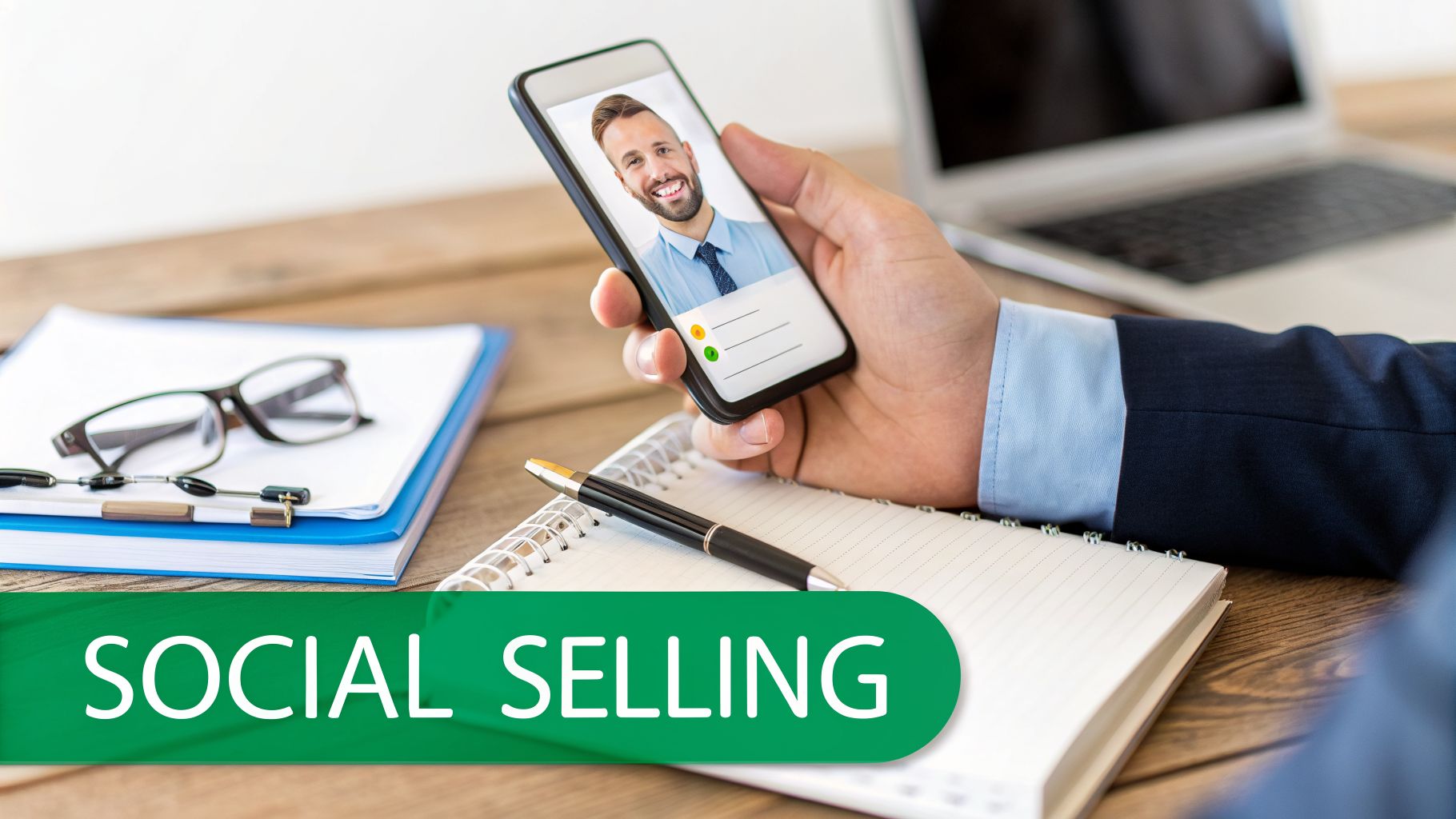 A person using a smartphone for social selling, displaying a smiling man's profile on a desk with a laptop.