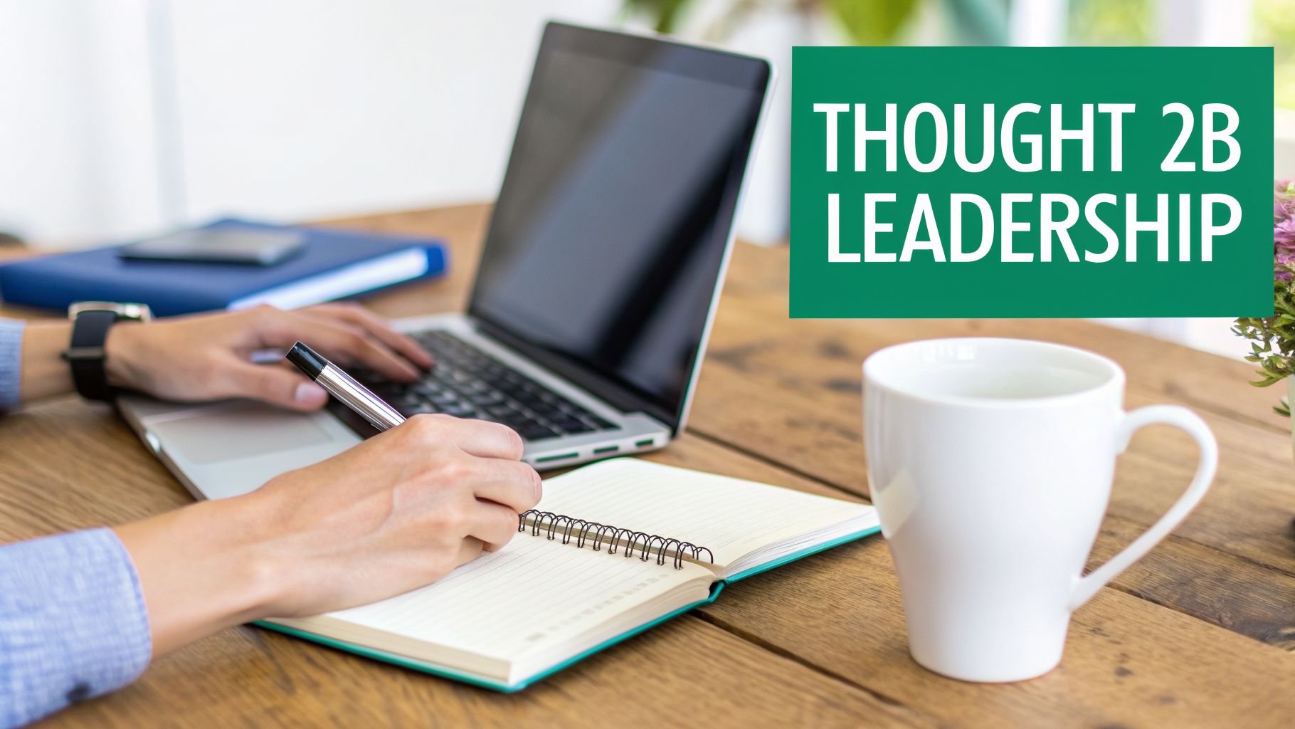 Hands working on a laptop and writing in a notebook on a wooden desk, featuring 'thought 2b leadership' text.