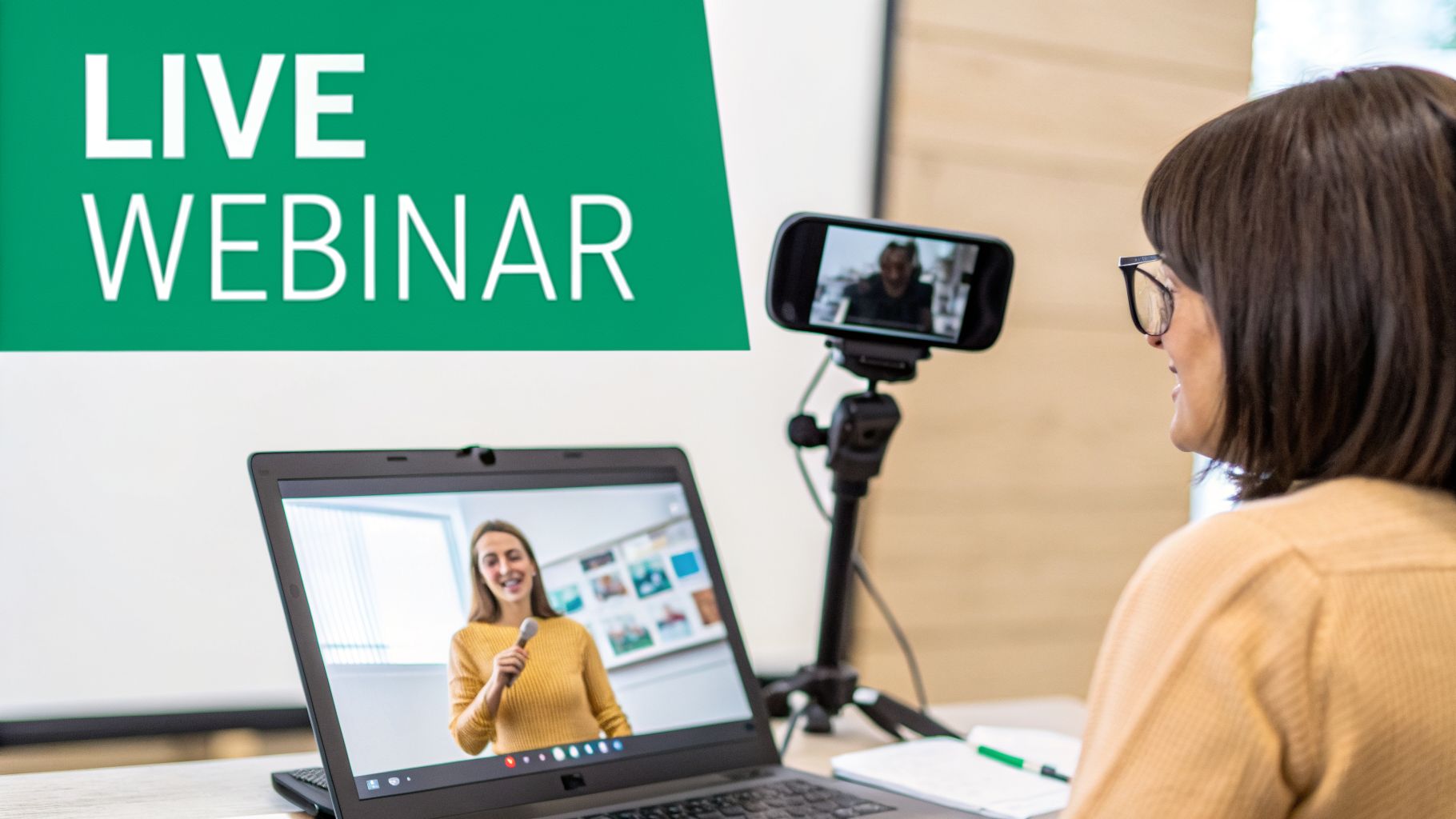 A woman conducting a live webinar using a laptop and smartphone recording setup.
