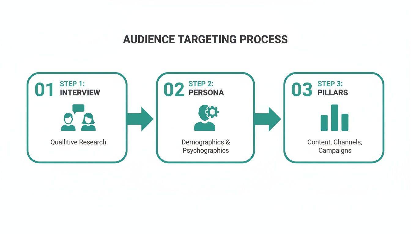 A three-step audience targeting process: interview, persona creation, and content pillars.