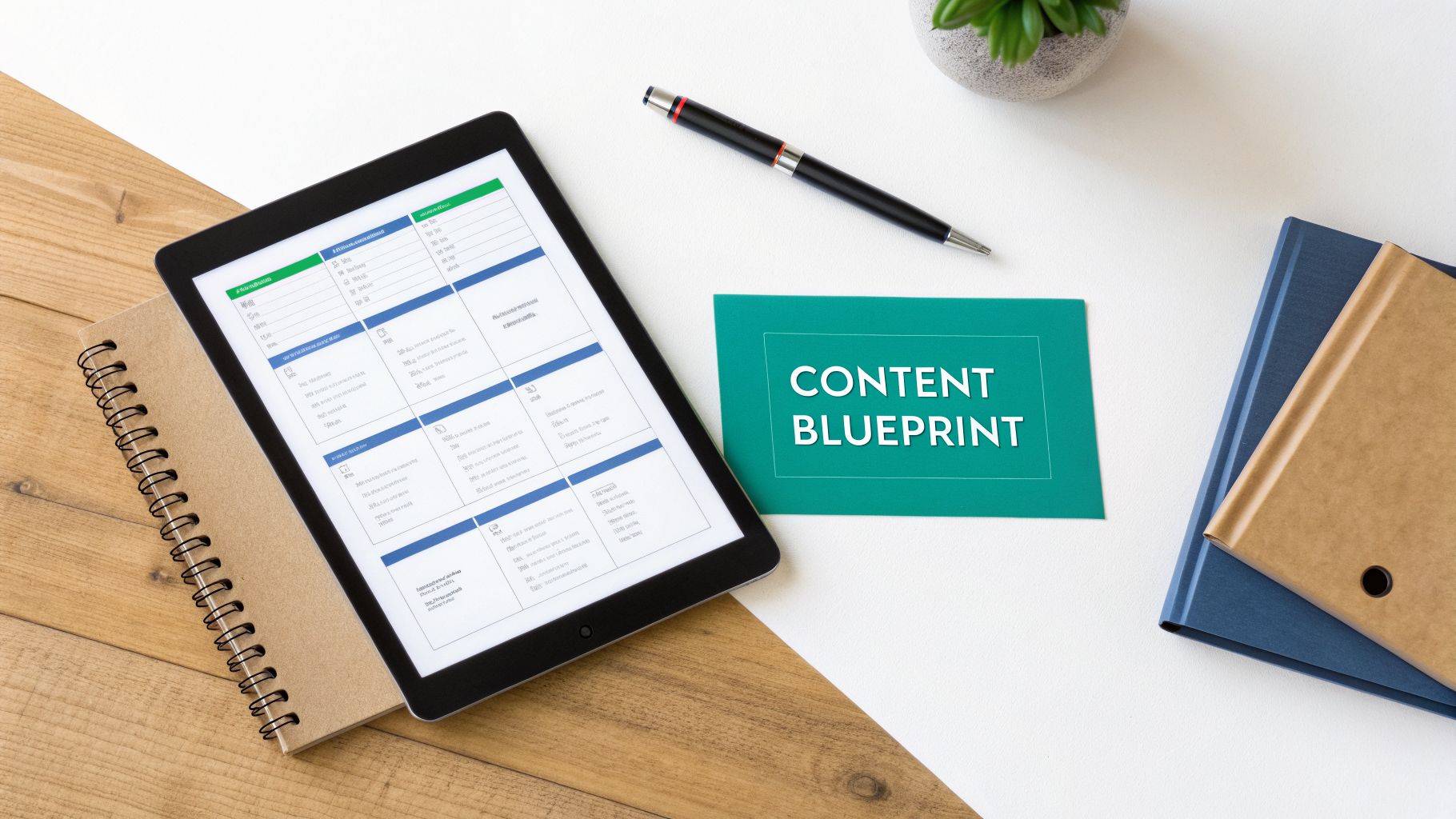 Flat lay of a content marketing workspace with a tablet displaying a plan, a 'content blueprint' card, and office supplies.