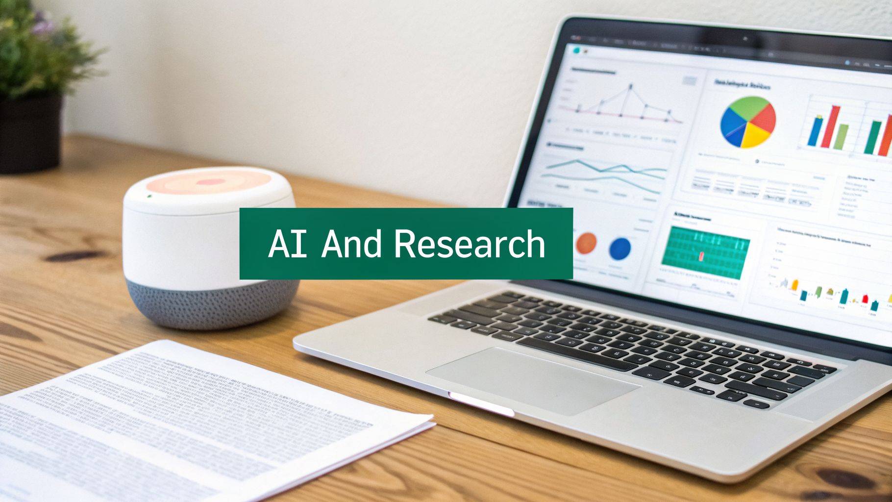 A laptop displaying data visualizations, a smart speaker, and documents on a wooden desk.