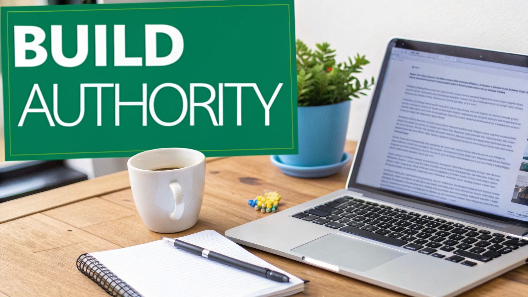 Laptop, coffee, and notebook on a wooden desk, with a green sign saying 'build authority' in the background.
