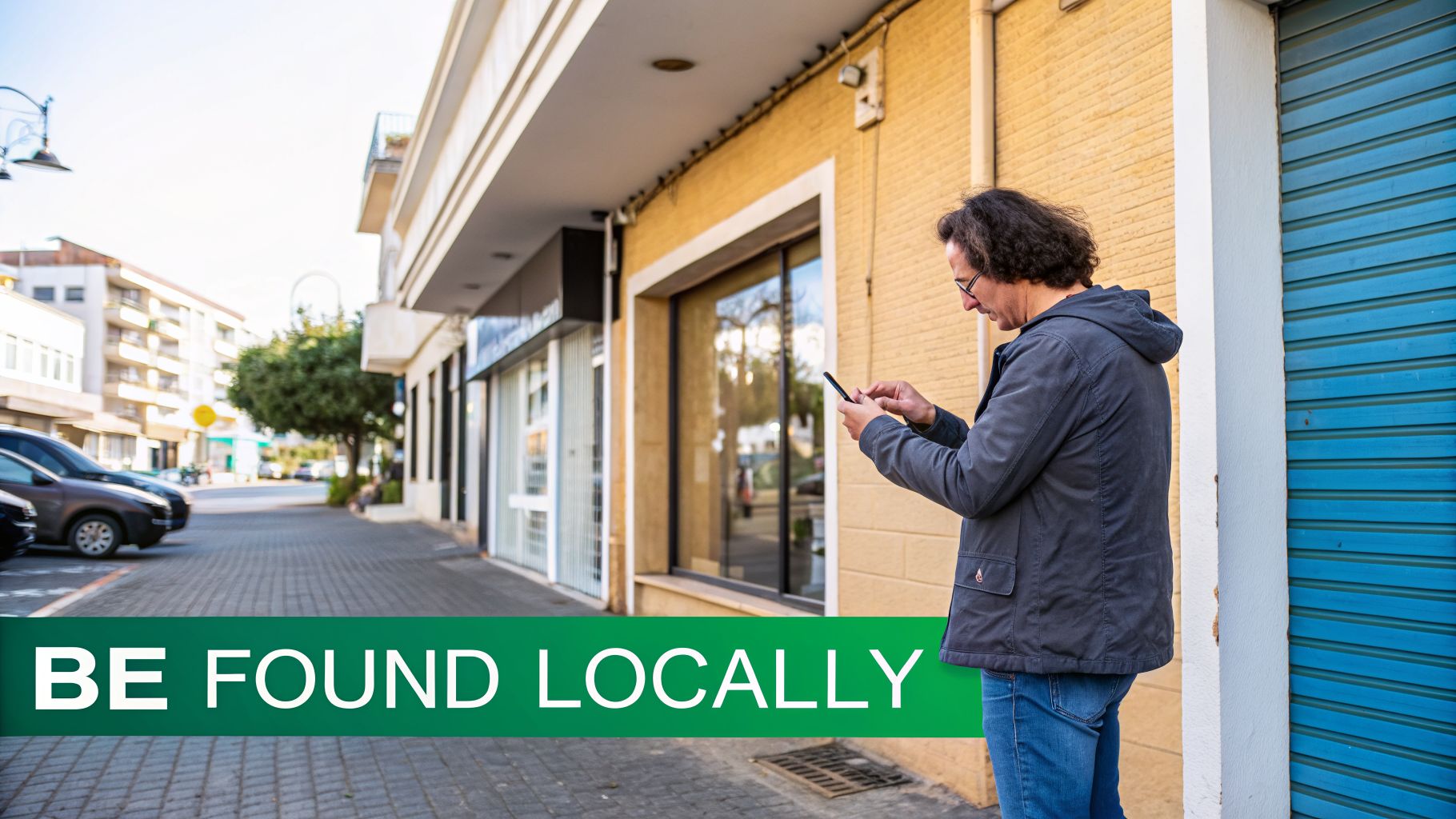 A man using his smartphone on a city street, with 'be found locally' text, symbolizing local business search.