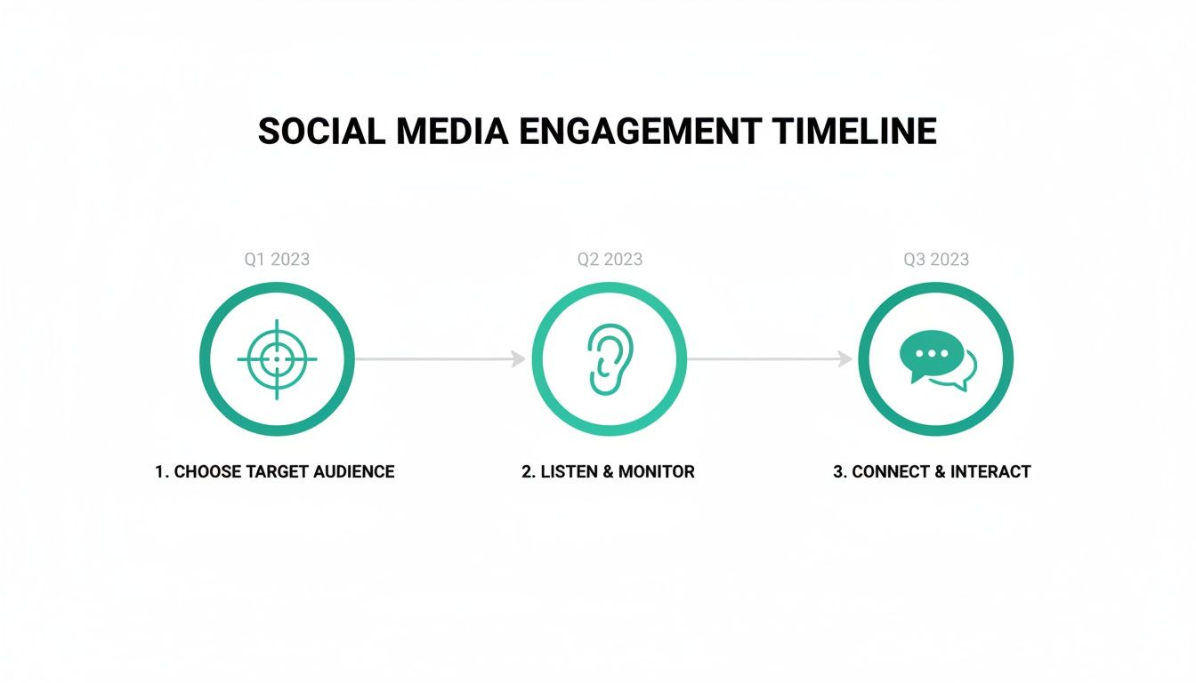 Social media engagement timeline showing three steps: choose target audience, listen, and interact.