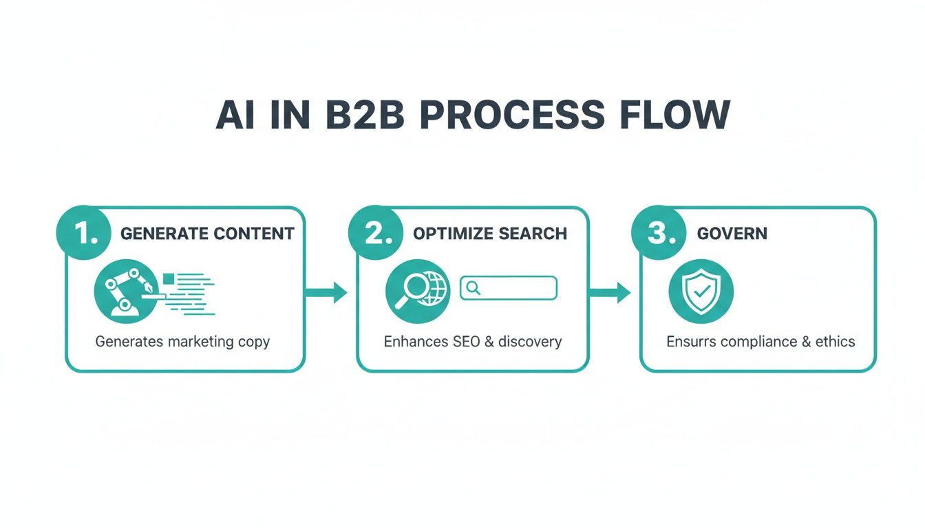 Ai in b2b process flow demonstrating content generation, search optimization, and governance steps.