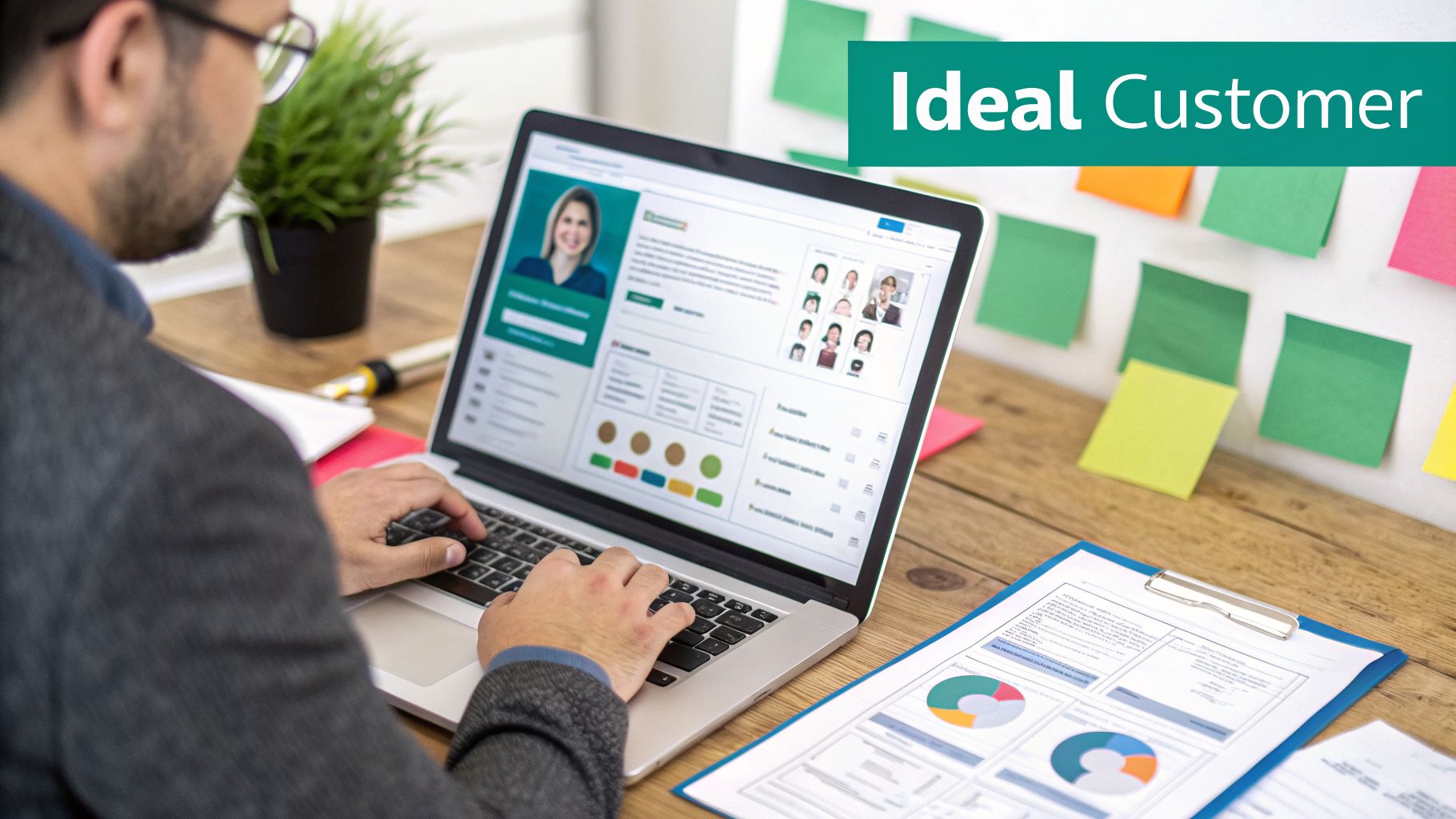 Person working on a laptop displaying a customer profile and data, with an 'ideal customer' banner.