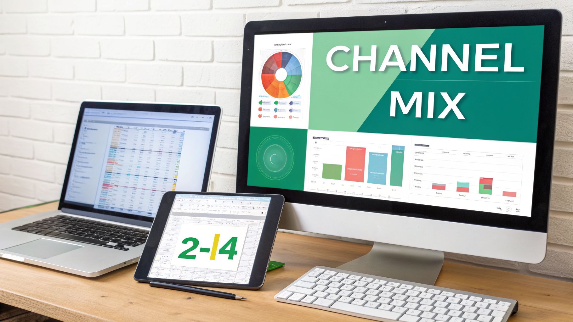 A desk with a laptop, tablet, and monitor displaying 'channel mix' data and charts.