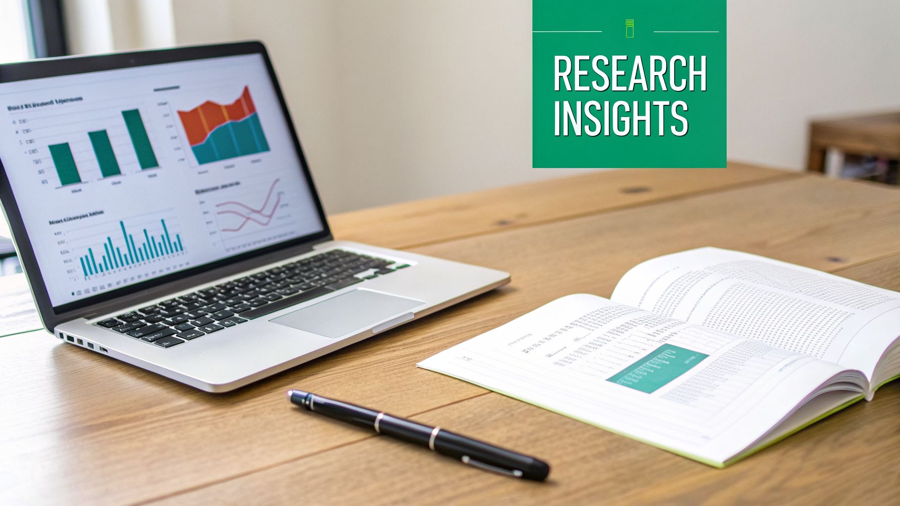 Laptop displaying data charts, open book, and pen on a wooden desk, with 'research insights' text.