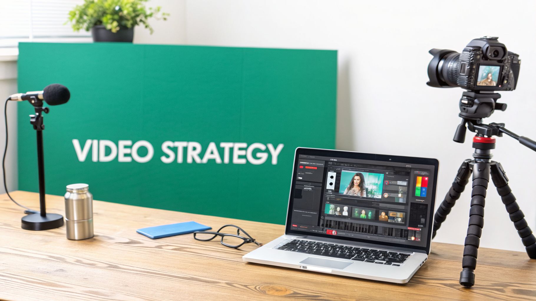 A video production setup with a laptop showing editing software, a microphone, and a camera.