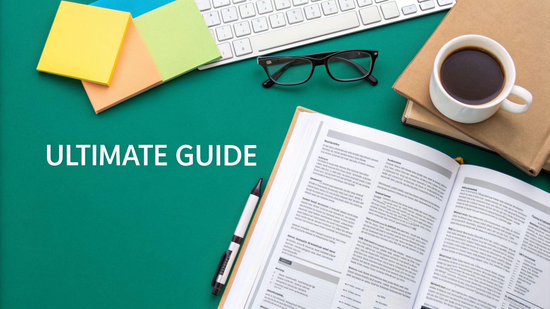 Desk flat lay with "ultimate guide" text, an open book, coffee, keyboard, glasses, and sticky notes.
