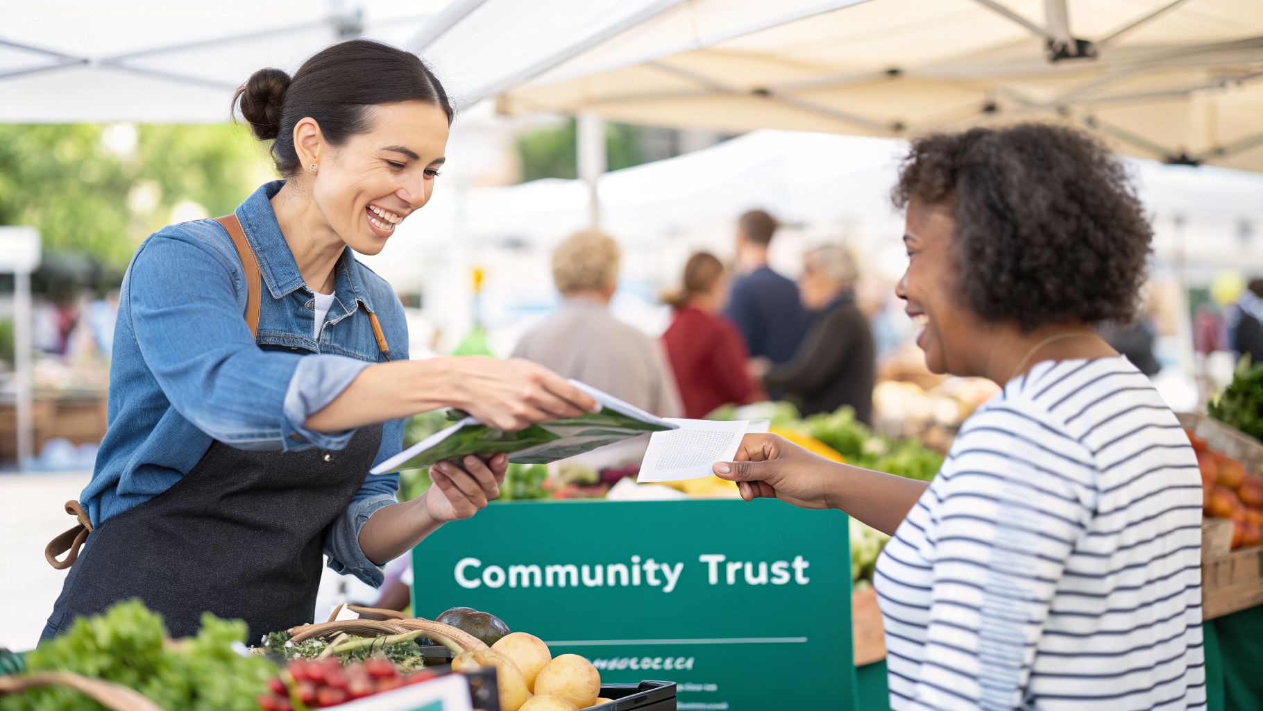 Smiling vendor hands brochure to customer at a lively outdoor community market.