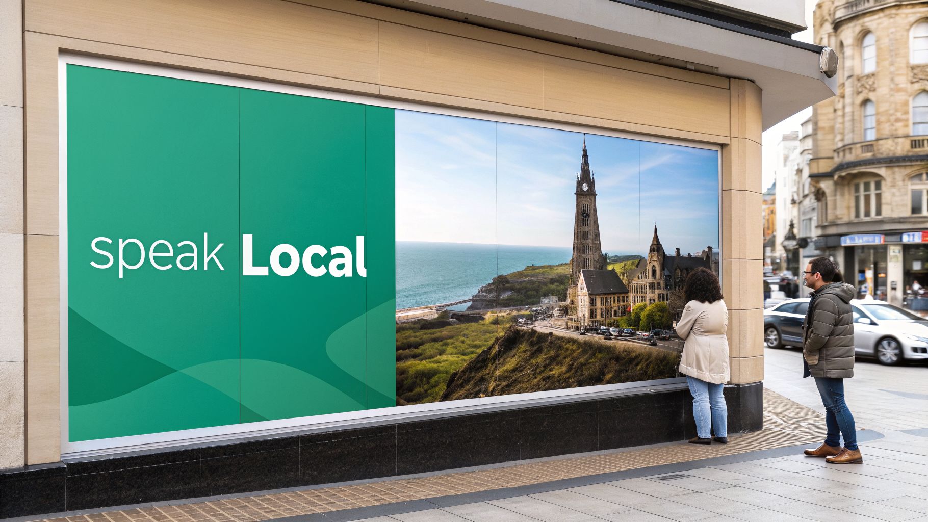 Large window display showing 'speak local' branding and a scenic coastal city with a clock tower, viewed by two people.