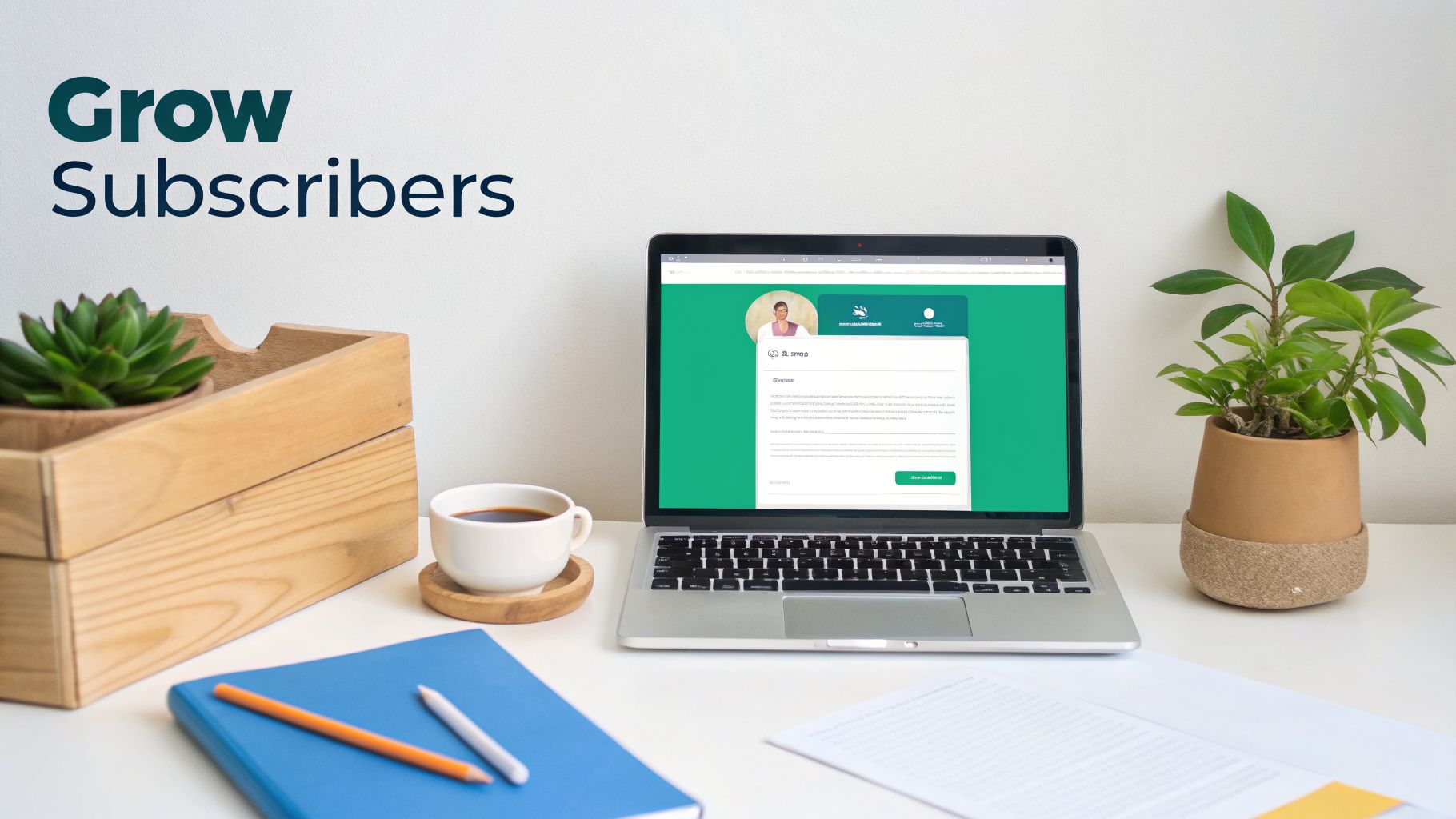 A bright workspace with a laptop displaying an email marketing interface, a coffee cup, and green plants.