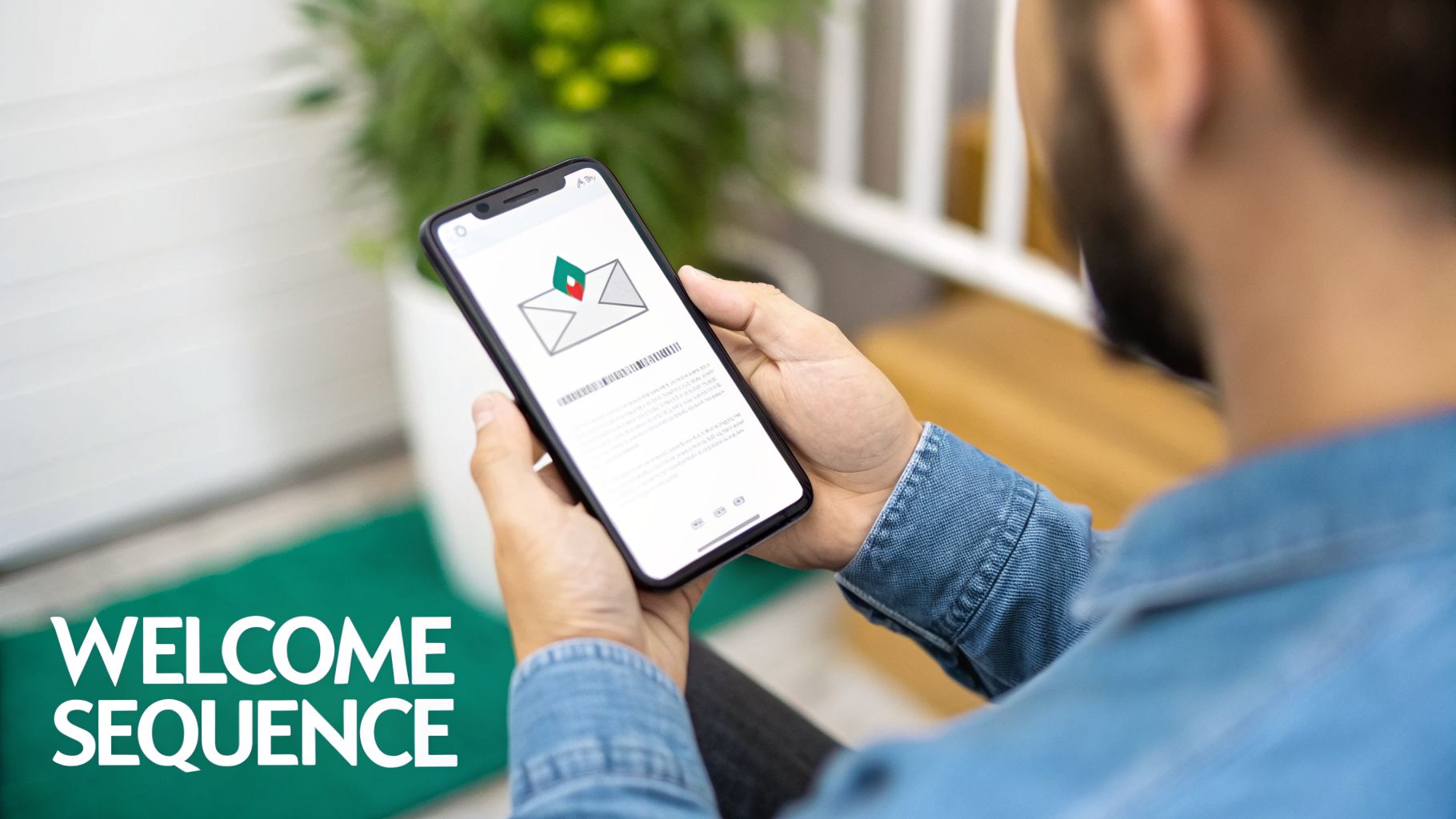 Person viewing an email with a barcode and graphic on a smartphone, representing a welcome sequence.