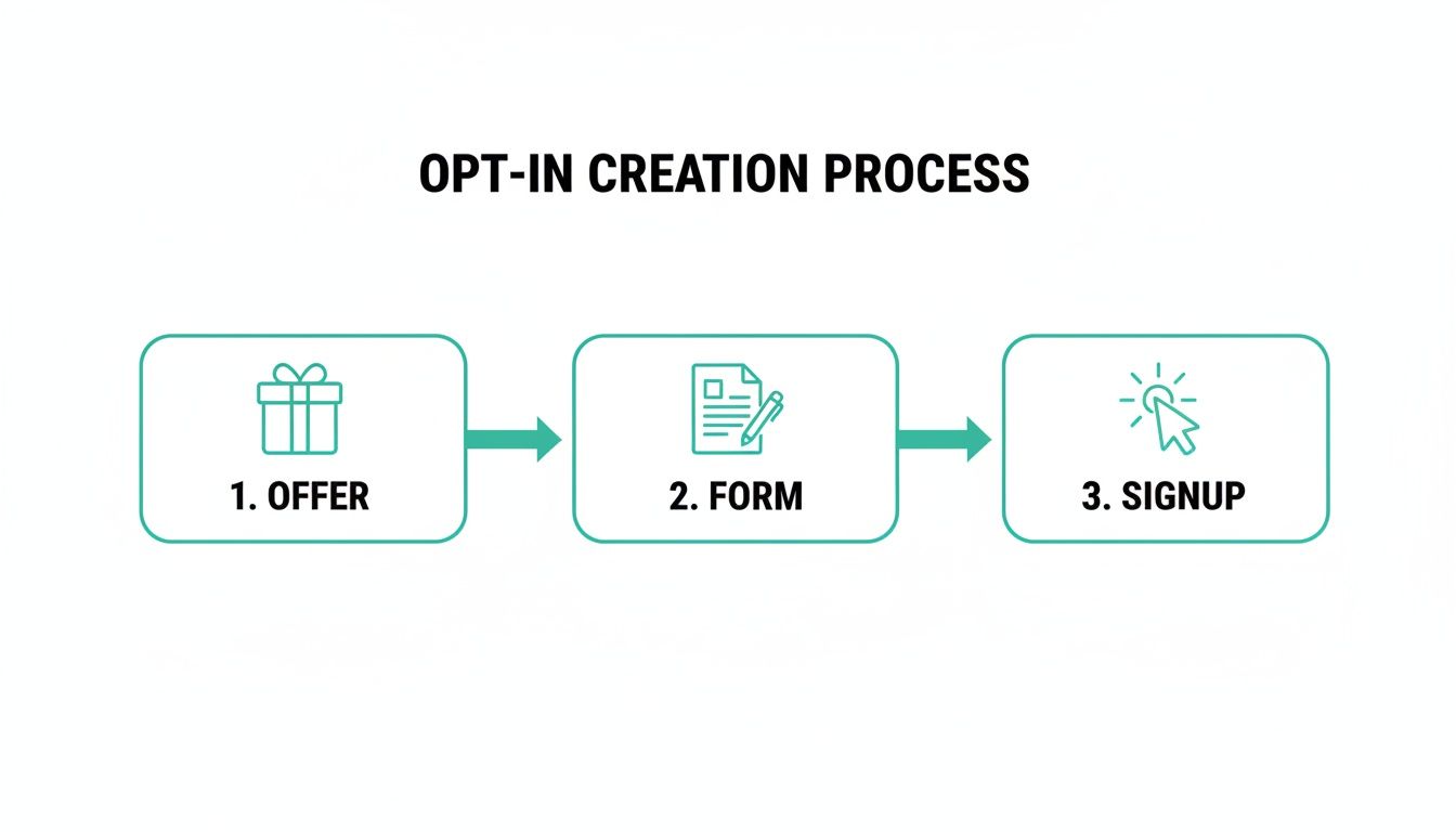 A simple diagram illustrating the three-step opt-in creation process for building an email list: offer, form, signup.
