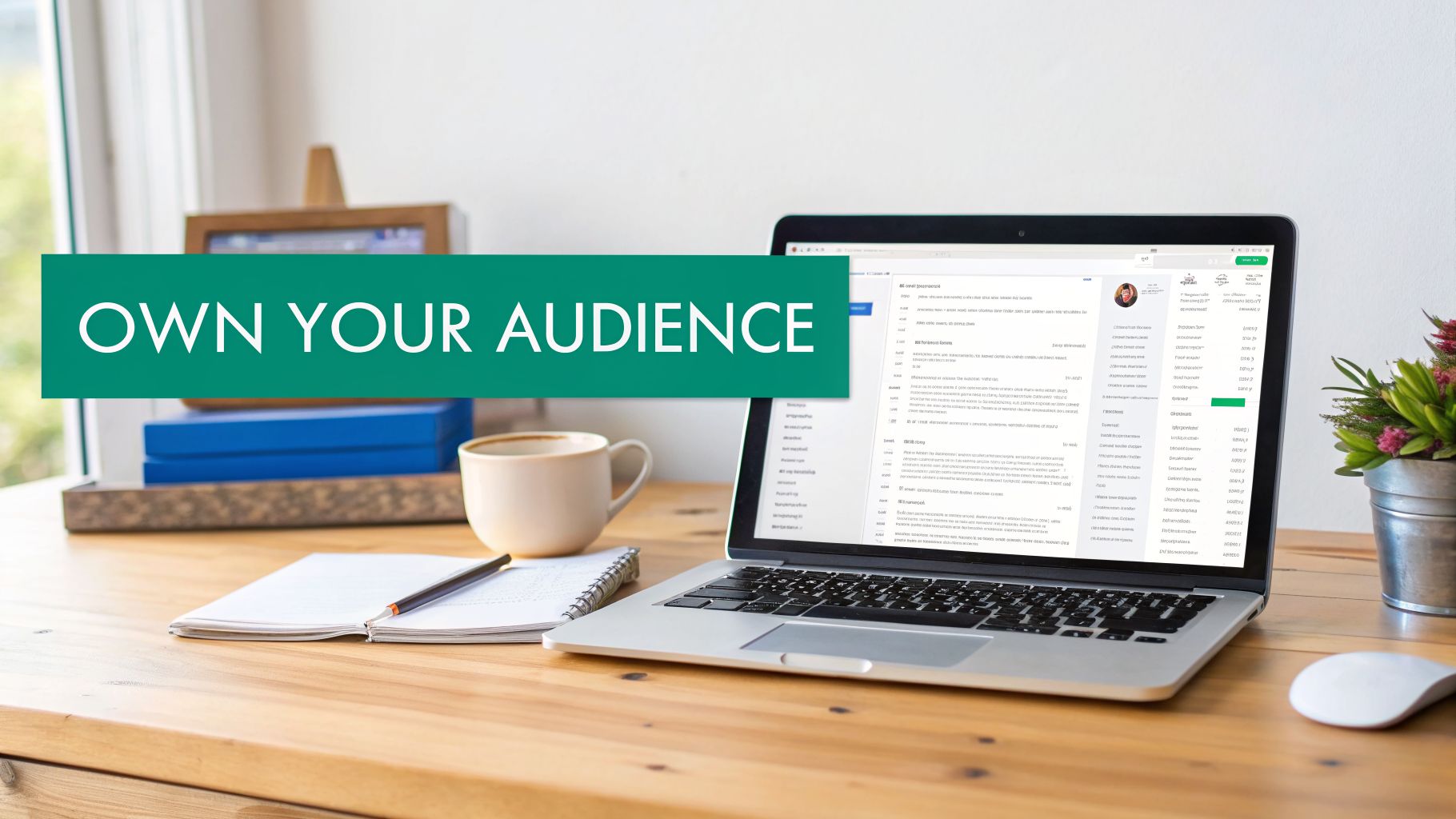 A wooden desk with a laptop, coffee mug, notebook, and a green banner saying 'own your audience'.