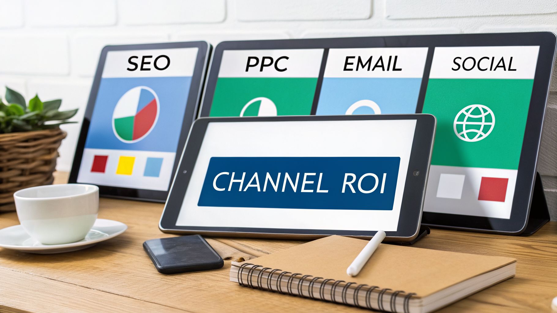 Tablets display digital marketing channels like seo, ppc, email, social, with 'channel roi' highlighted.
