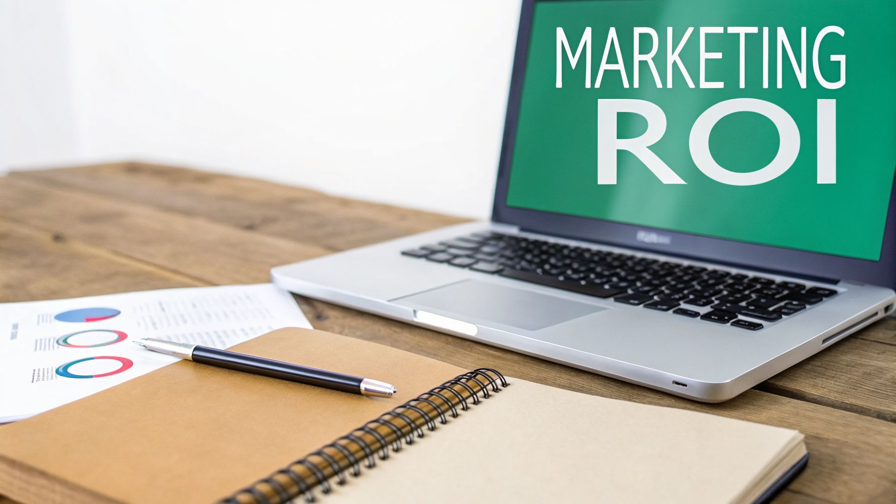 A laptop displays 'marketing roi' on its screen, next to a pen, notebook, and a report with charts on a wooden desk.