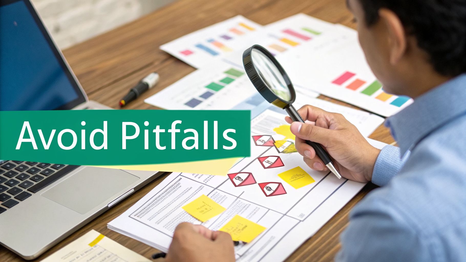 Someone examines financial documents and charts with a magnifying glass to avoid potential business pitfalls.