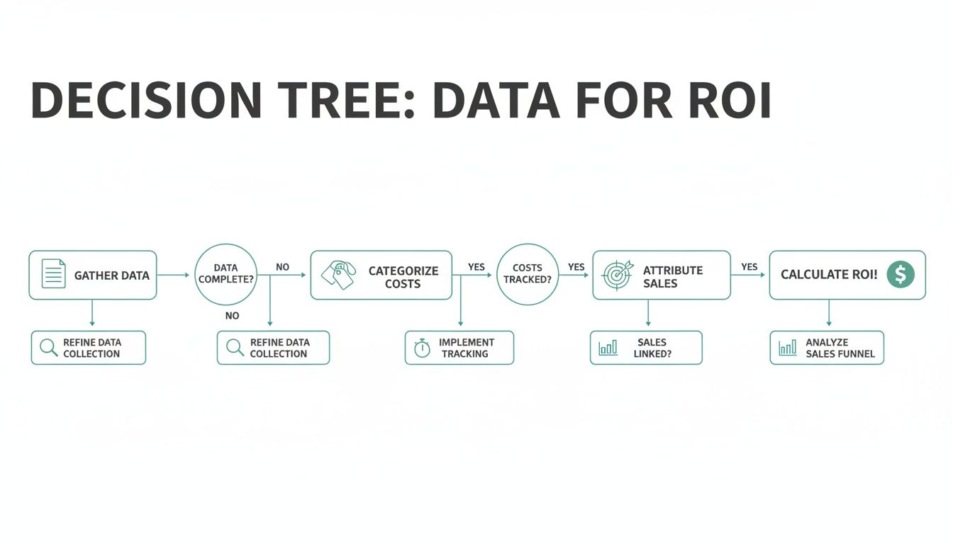 A decision tree flowchart illustrating the steps to calculate roi using data, from gathering to analysis.
