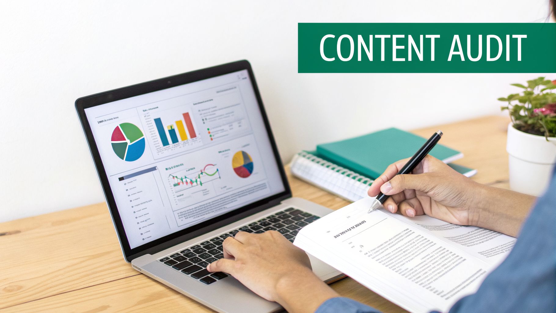 A person works on a laptop showing data analytics, while taking notes for a content audit.