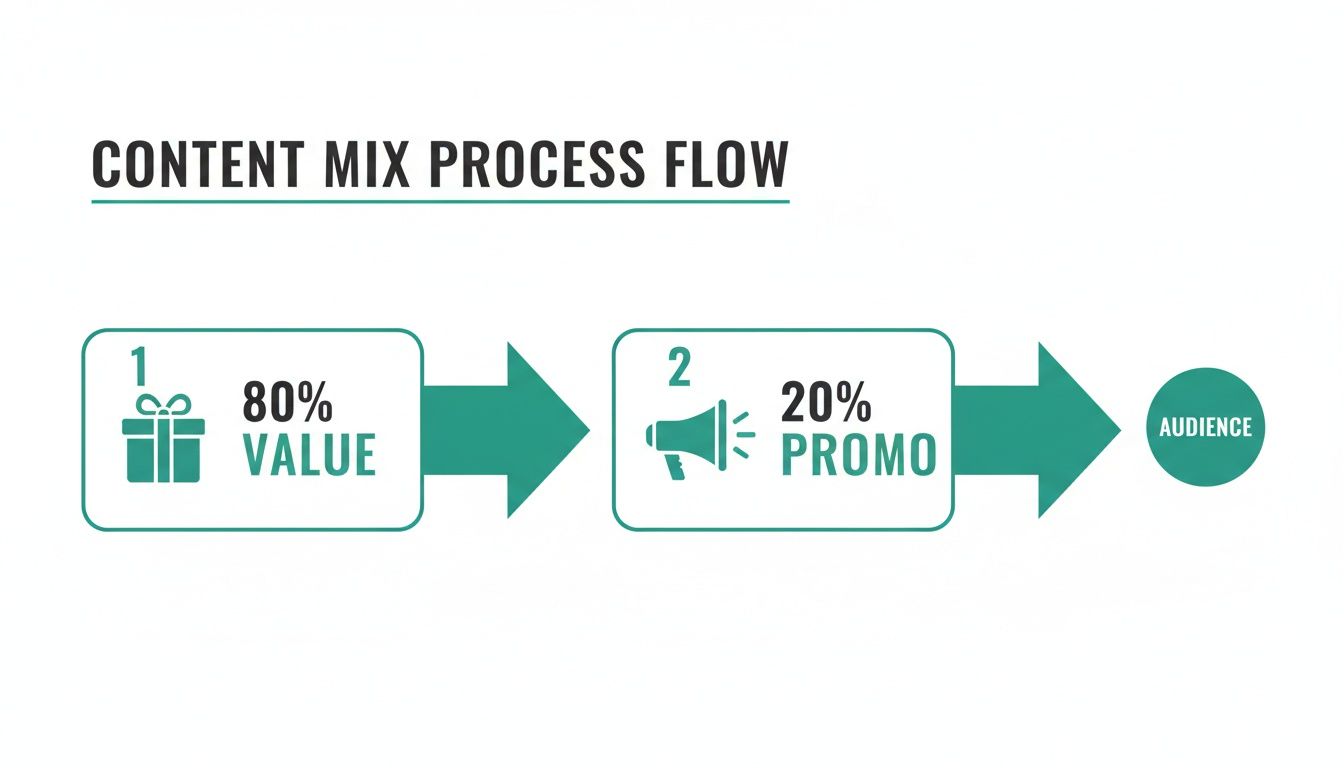 Content mix process flow illustrating 80% value content and 20% promotional content for the audience.