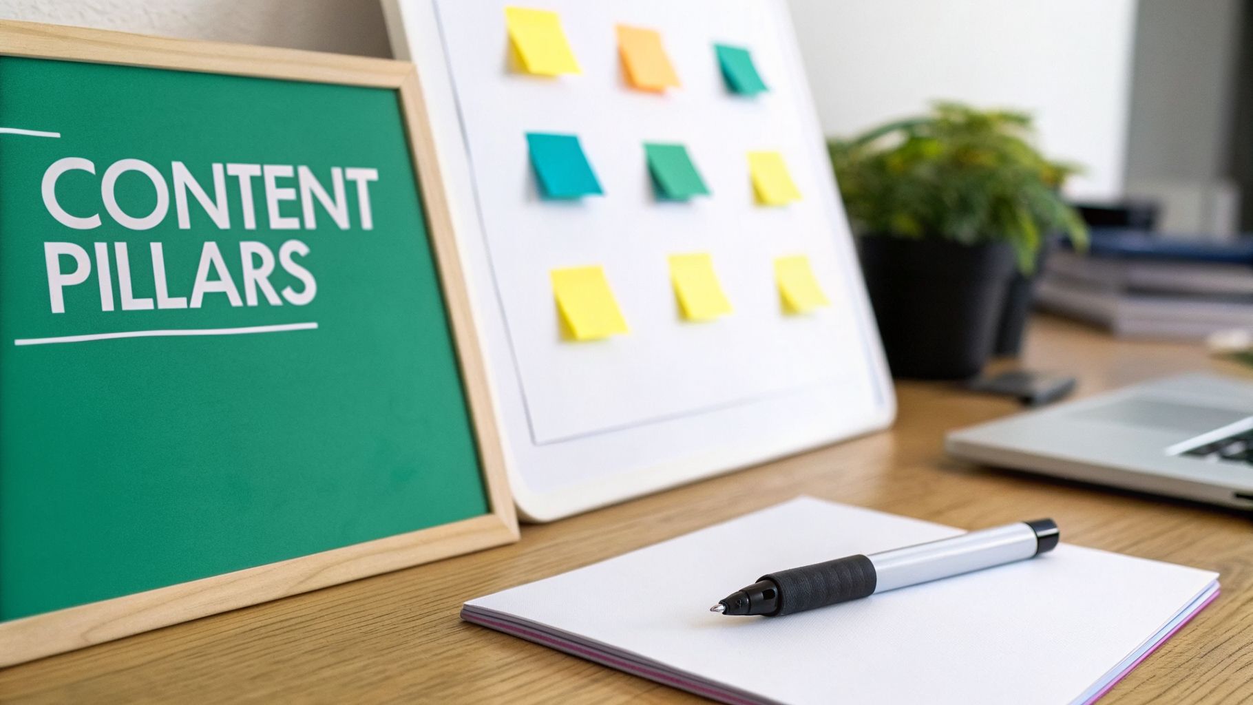 A desk with a 'content pillars' sign, colorful sticky notes on a board, a pen, and a laptop.