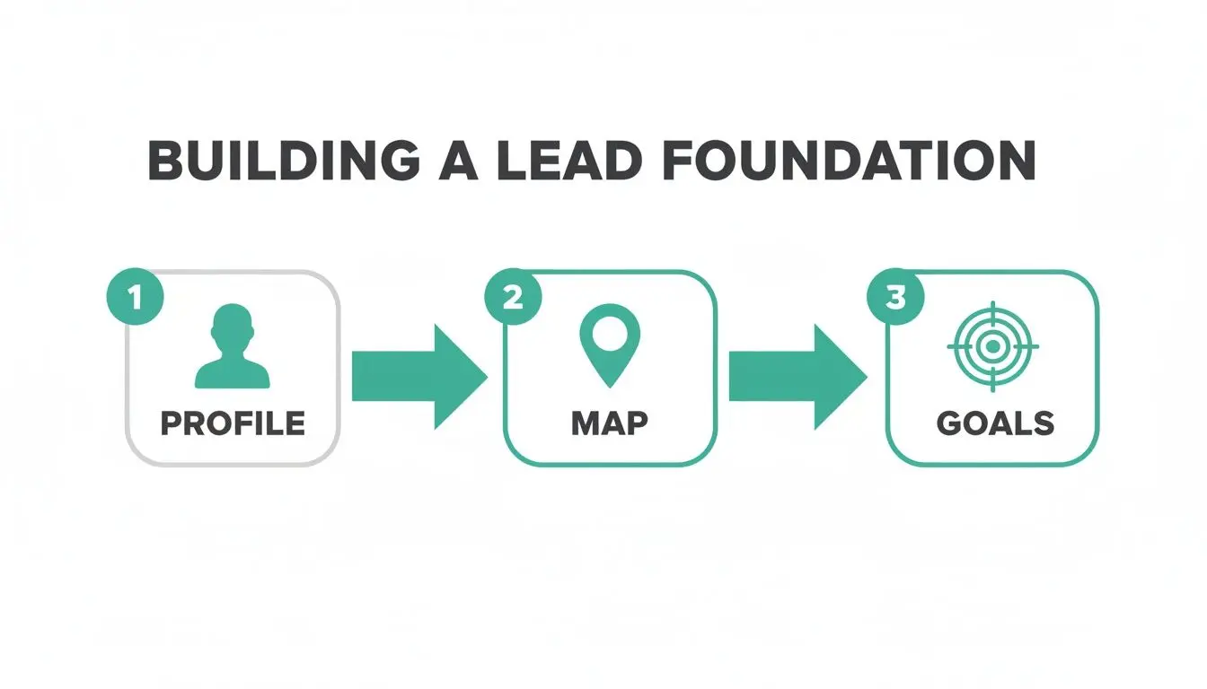 Infographic showing a three-step process for building a lead foundation: profile, map, and goals.
