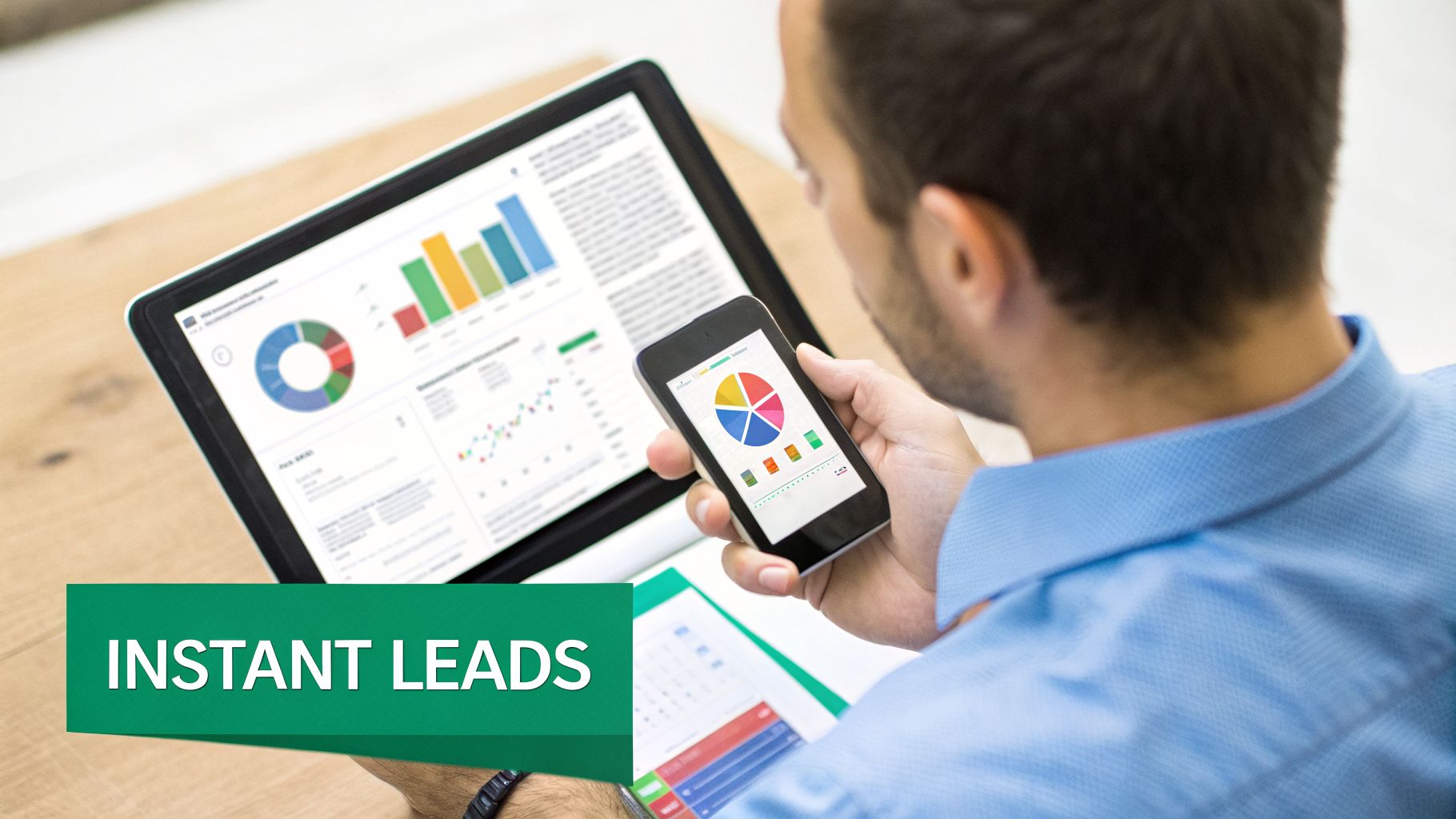 Man viewing business dashboards on a tablet and smartphone, with a 'instant leads' banner.