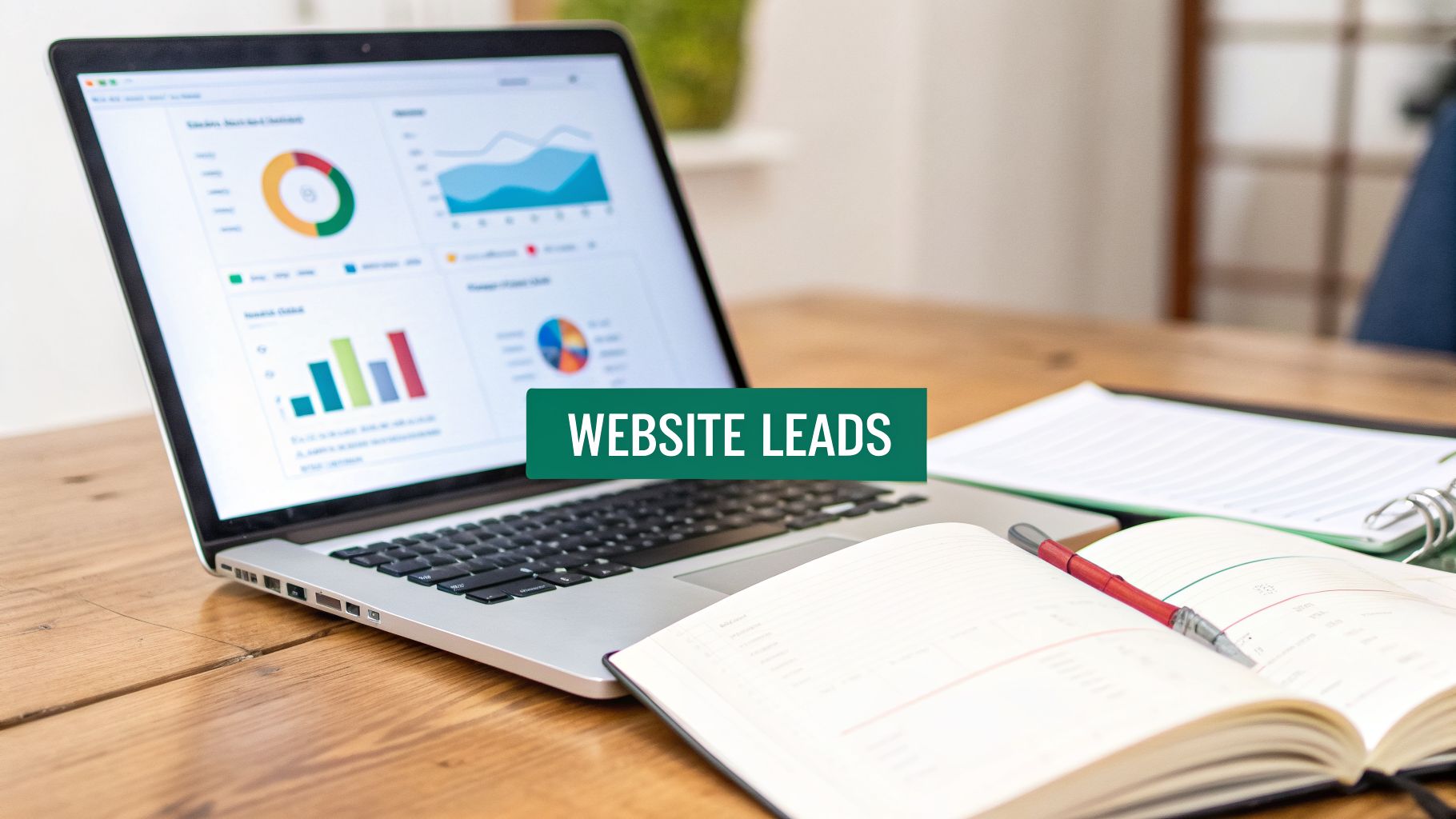 Laptop displaying an analytics dashboard with charts and graphs, with 'website leads' text overlay, on a wooden desk.