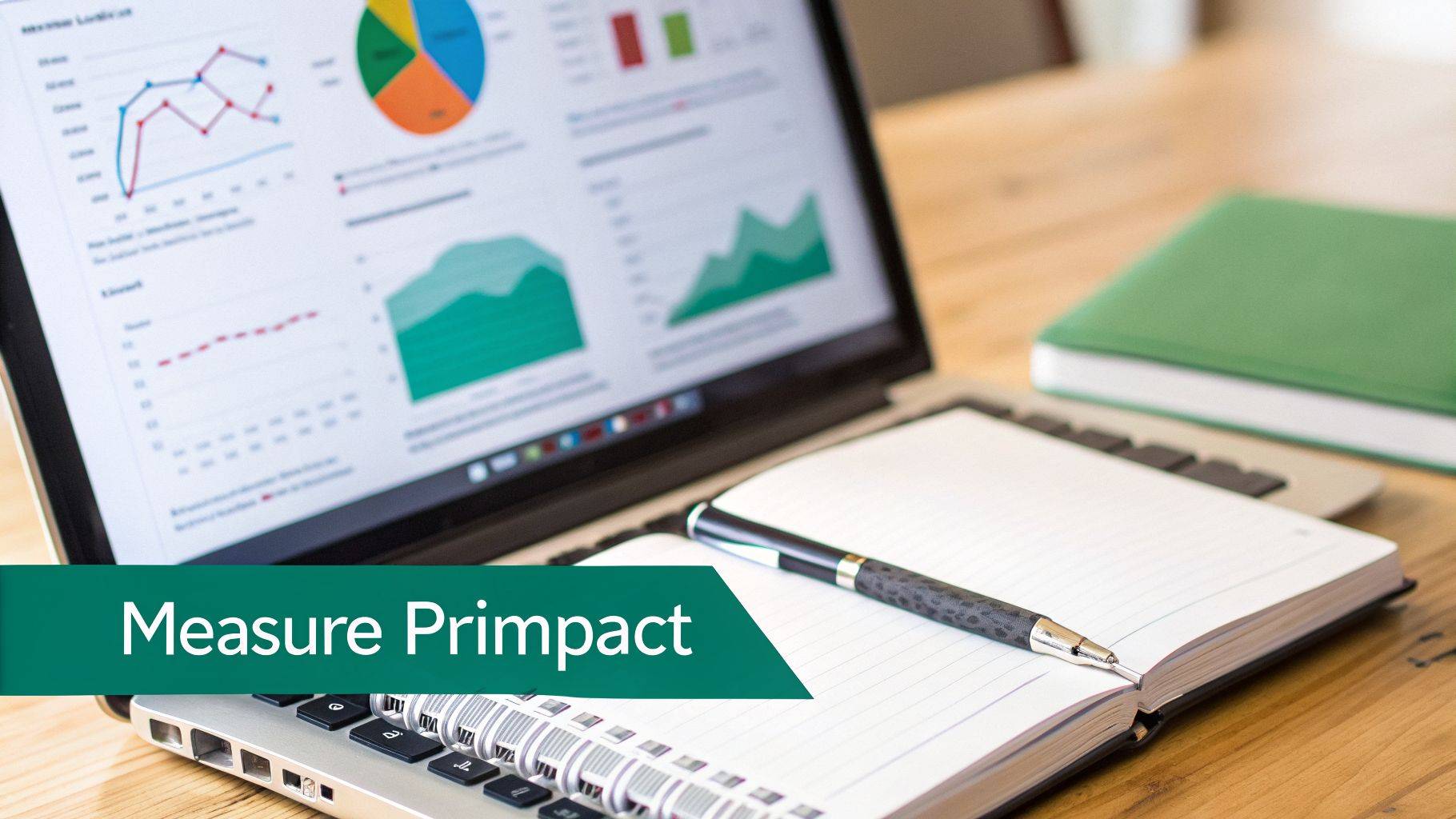 Laptop screen displaying business data charts, a pie chart, and graphs, with an open notebook and pen on a wooden desk.
