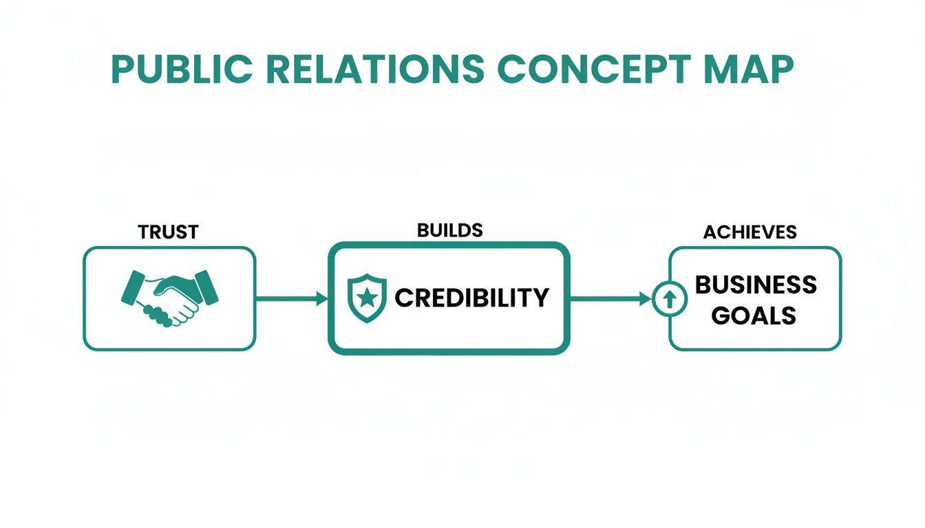 A public relations concept map illustrating how trust builds credibility to achieve business goals.