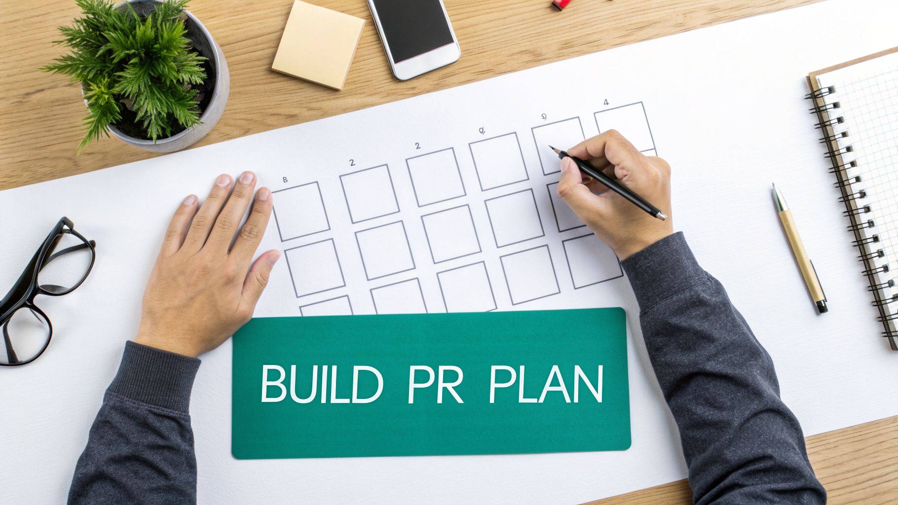 Overhead shot of a person planning a pr strategy on a desk with a calendar, notebook, and plant.