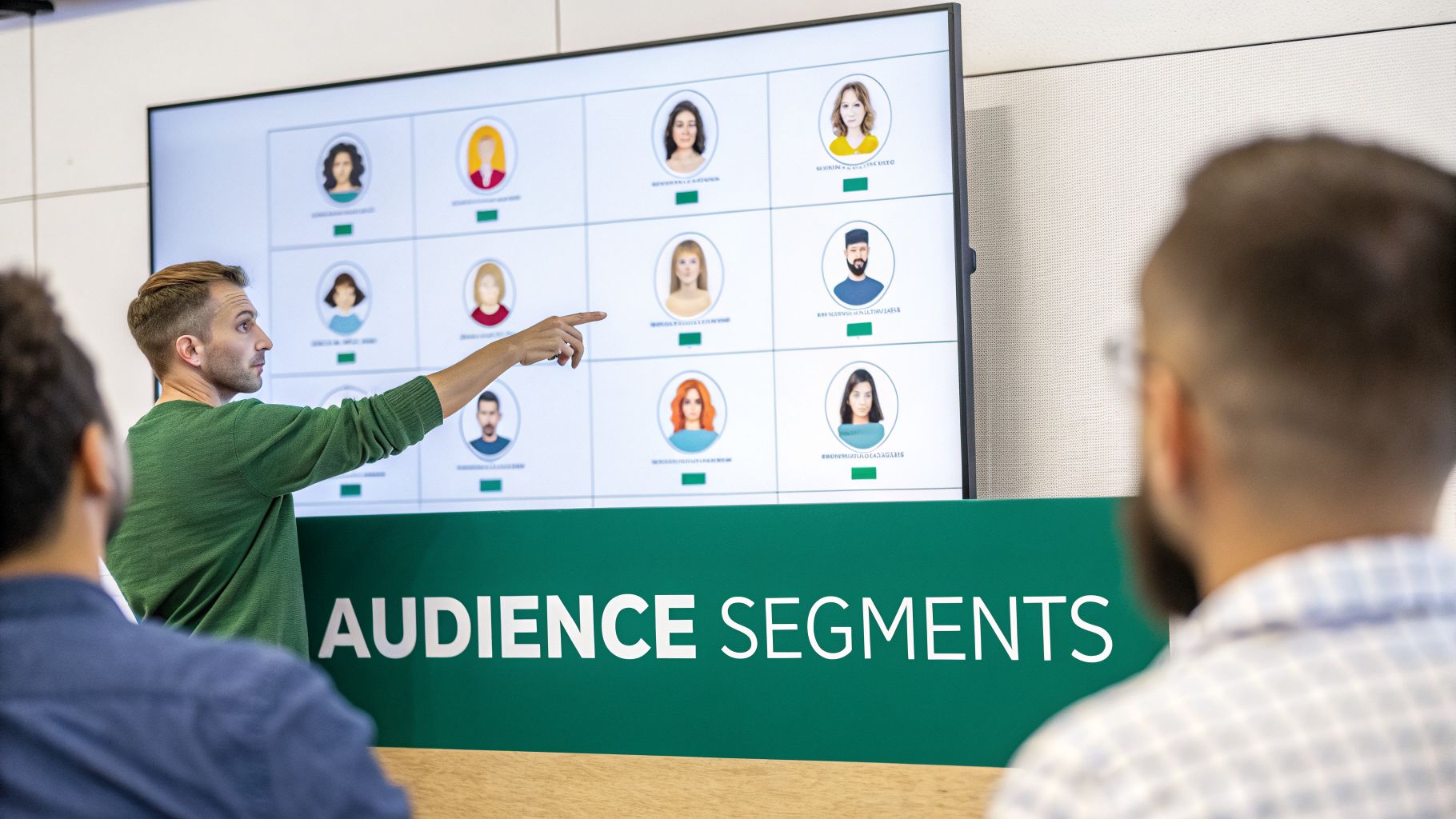 A man in a green sweater points at a large screen showing 'audience segments' and various profile avatars.