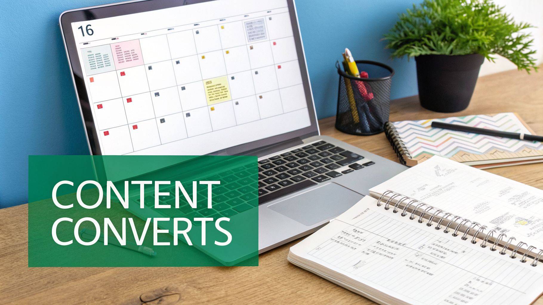 A desk with a laptop displaying a content calendar, notebooks, pens, and a plant. Text overlay: 'content converts'.