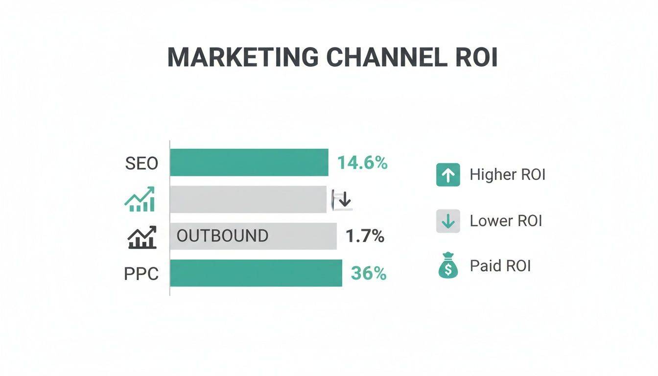 Bar chart displaying marketing channel roi for seo, outbound, and ppc, with specific return percentages.