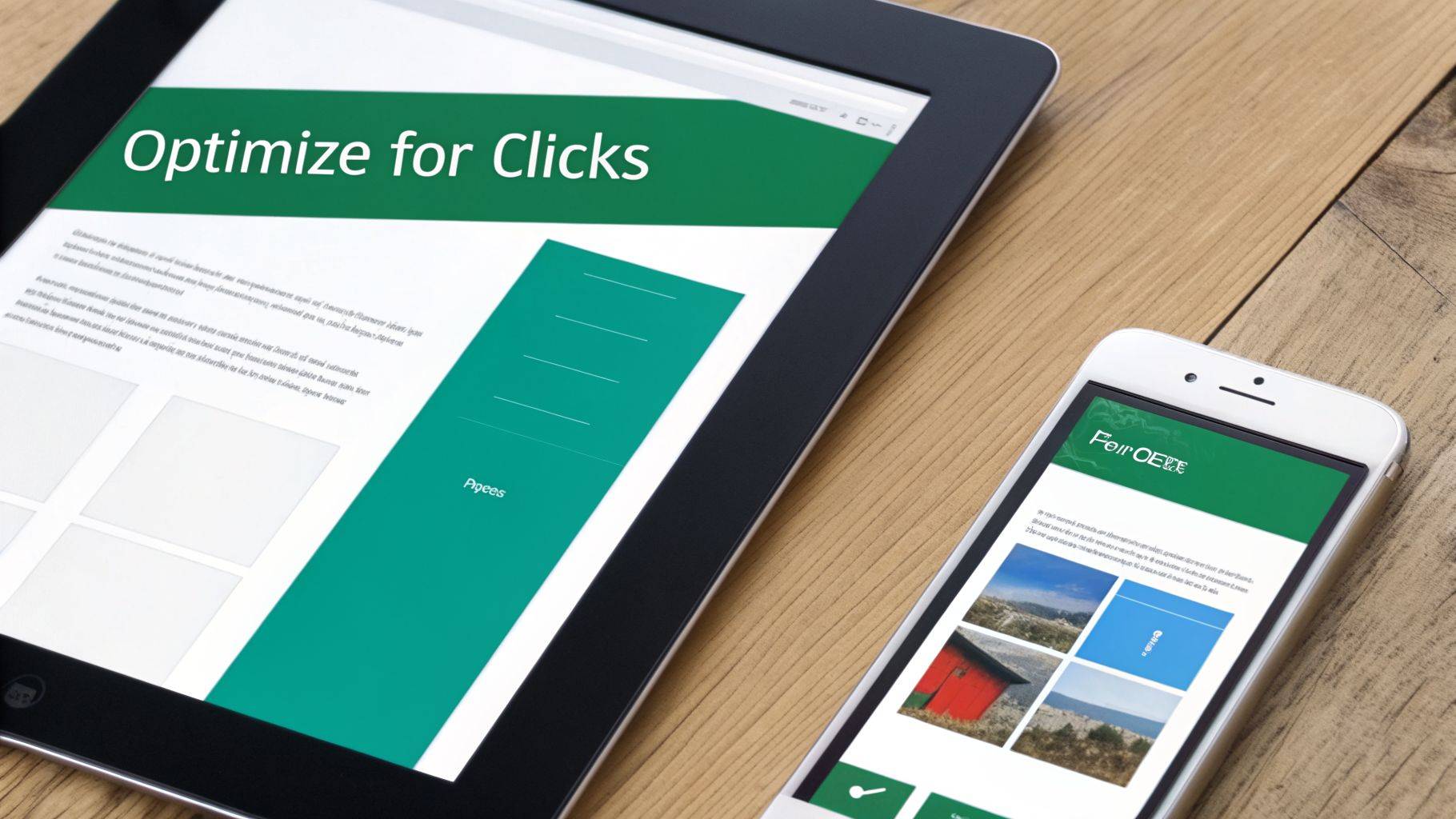 Responsive website design for seo, shown on a tablet and smartphone with 'optimize for clicks' text.