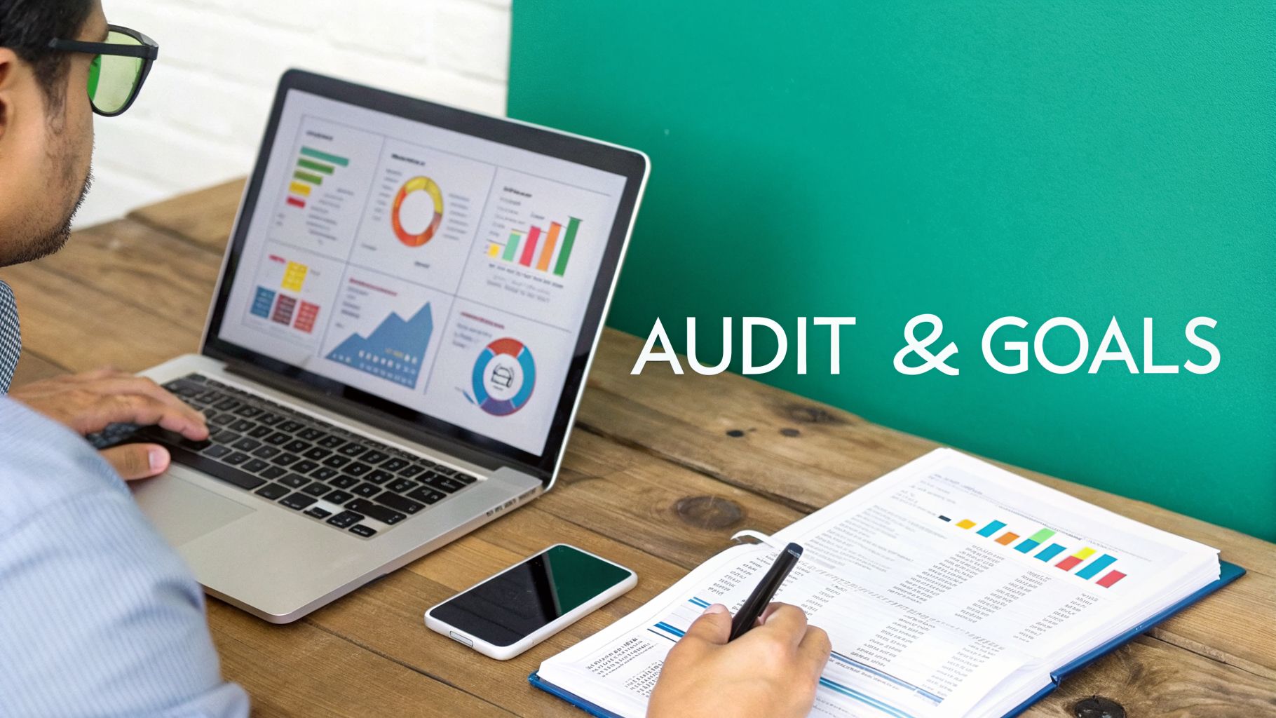 Man analyzes business data and financial goals on laptop and documents, focusing on an audit.