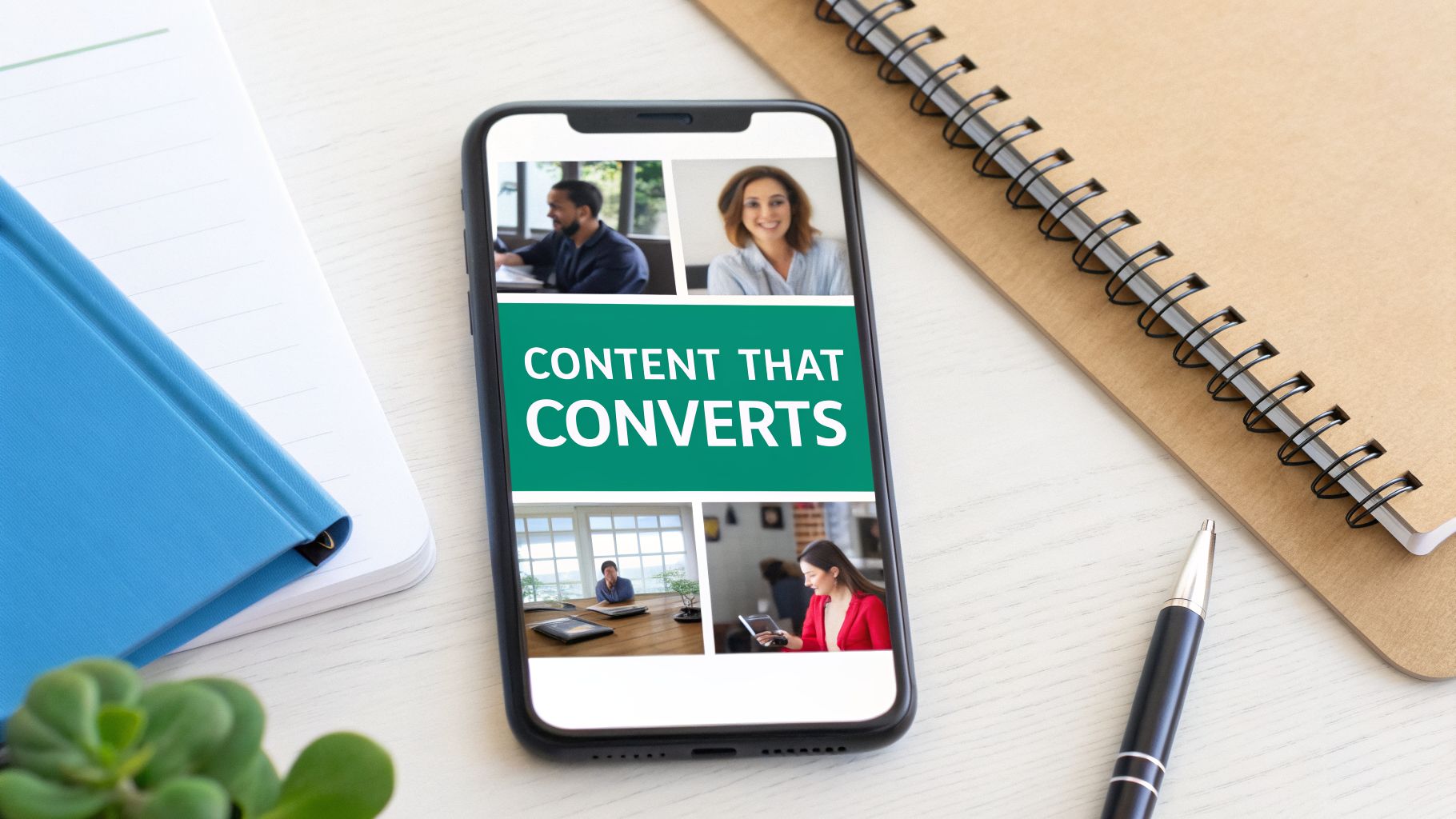 A smartphone displaying 'content that converts' and images of professionals working, surrounded by notebooks and a pen.