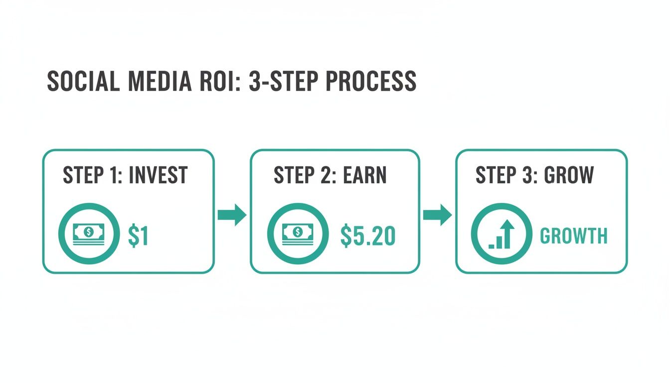 A diagram illustrates the social media roi 3-step process: invest $1, earn $5. 20, and achieve growth.
