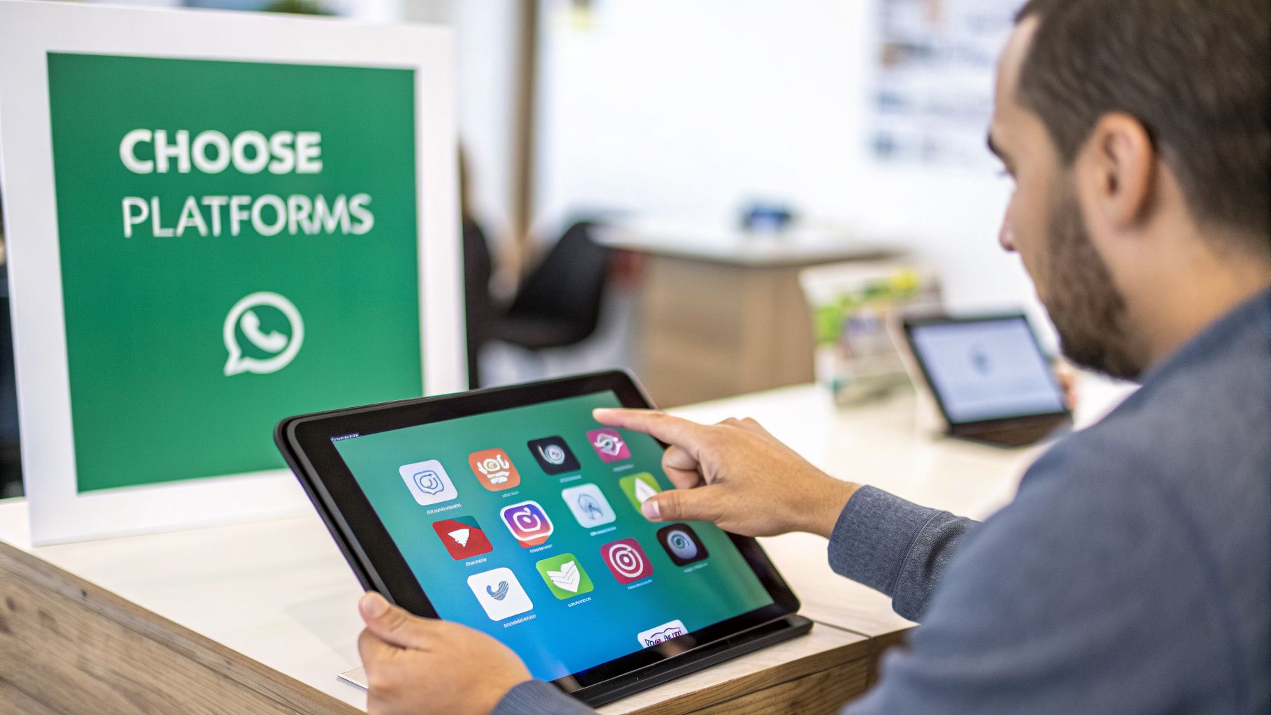 Man choosing various social media platforms on a tablet screen for a business strategy.